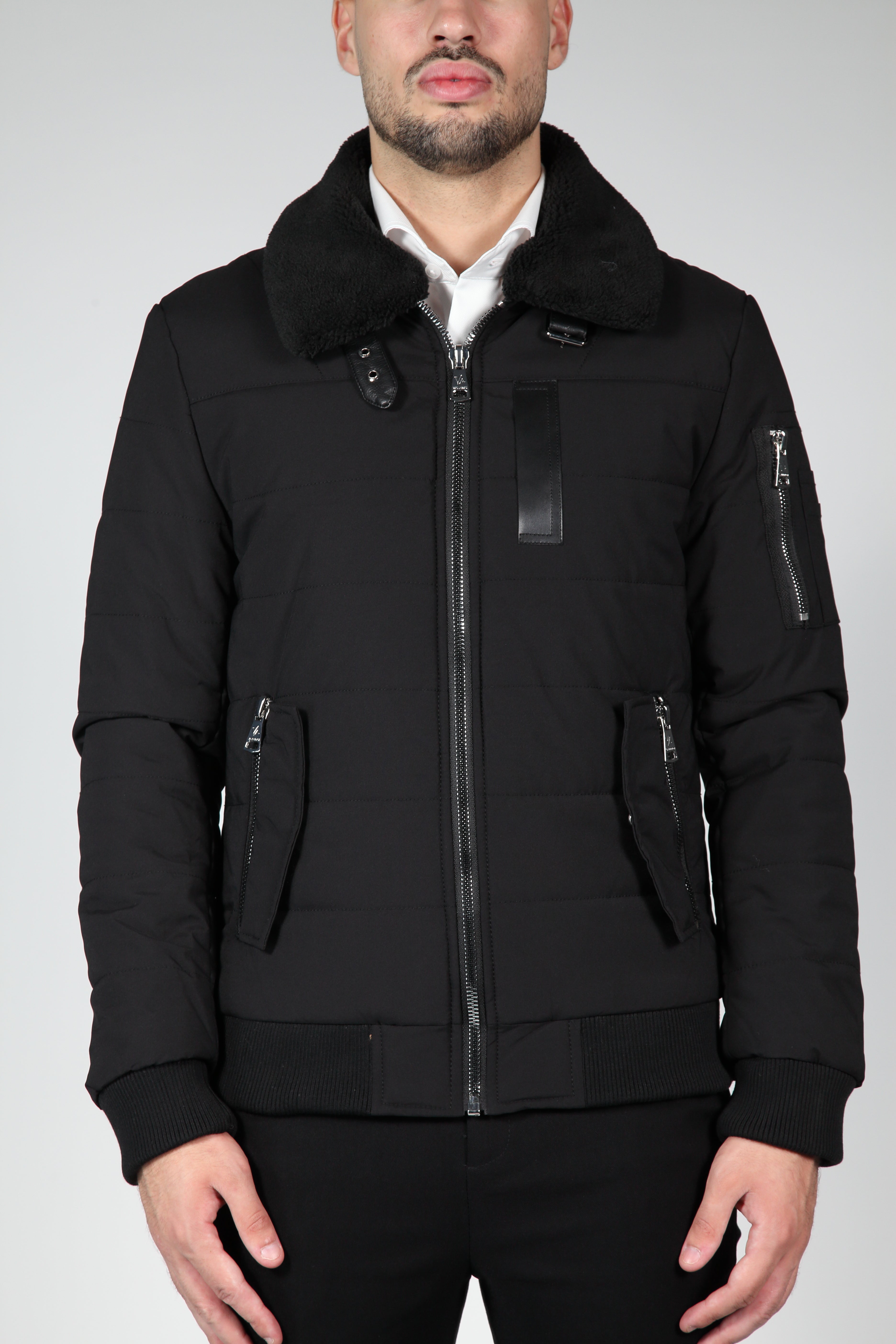 Black bomber jacket with black collar