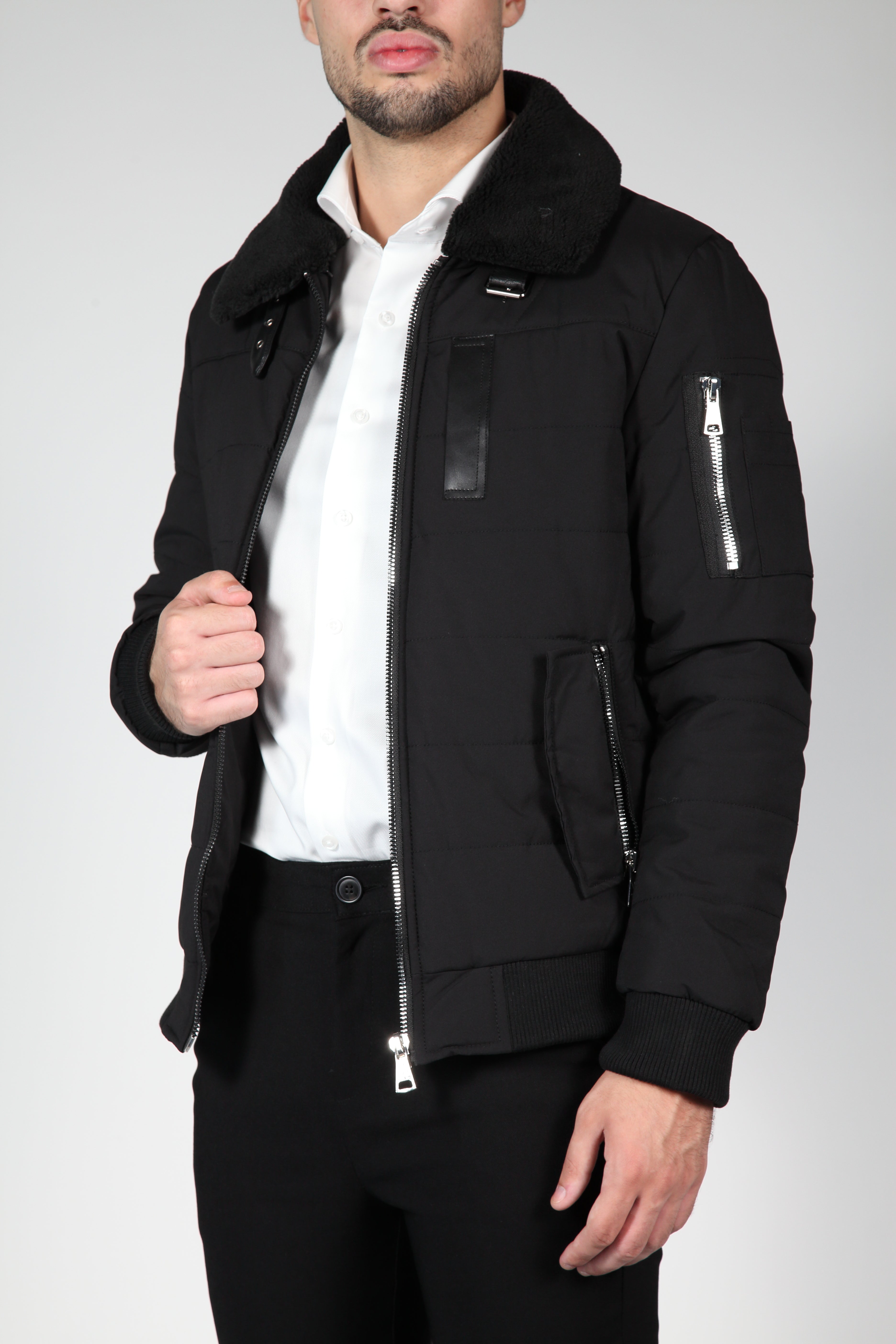 Black bomber jacket with black collar