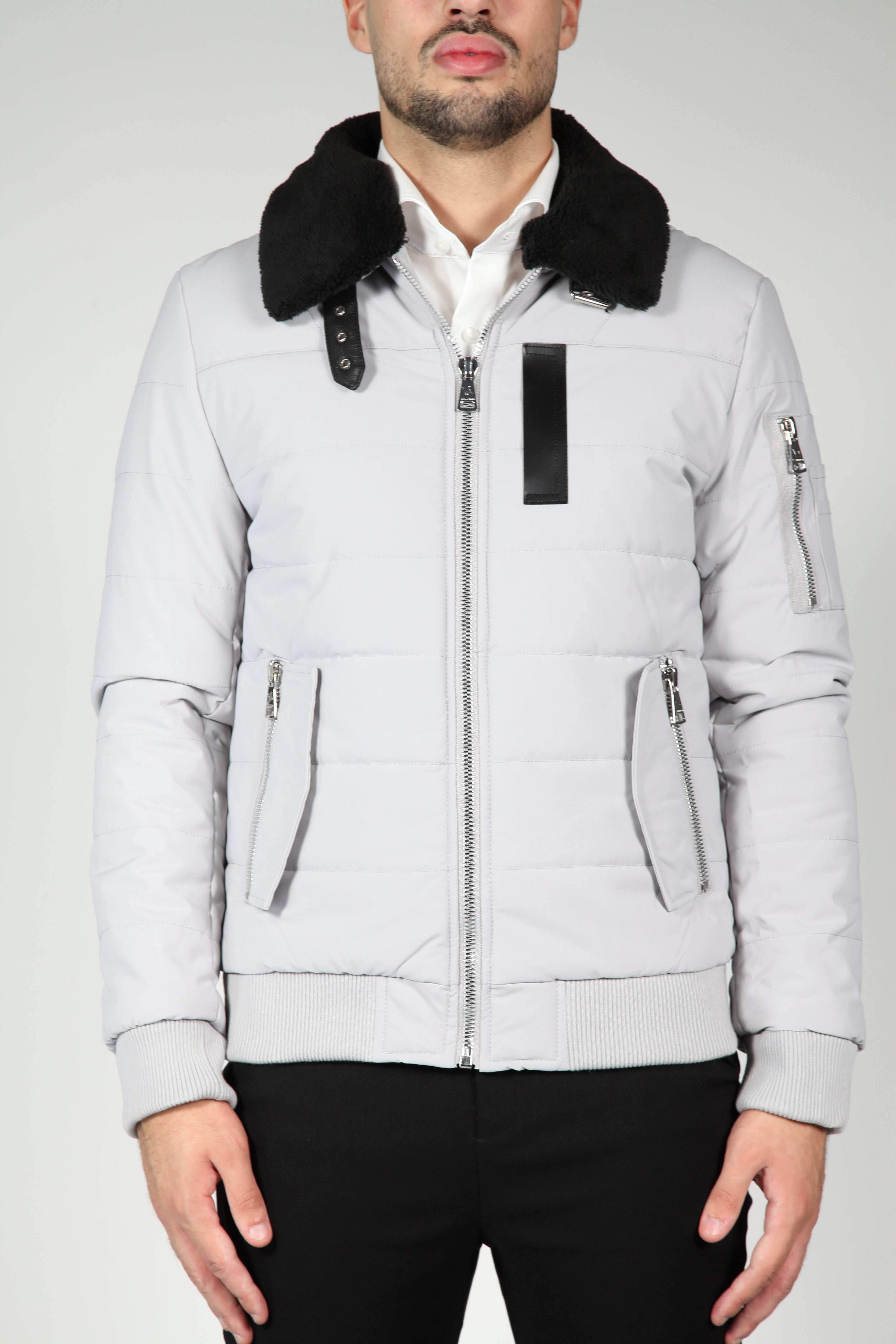 Gray bomber jacket with black collar