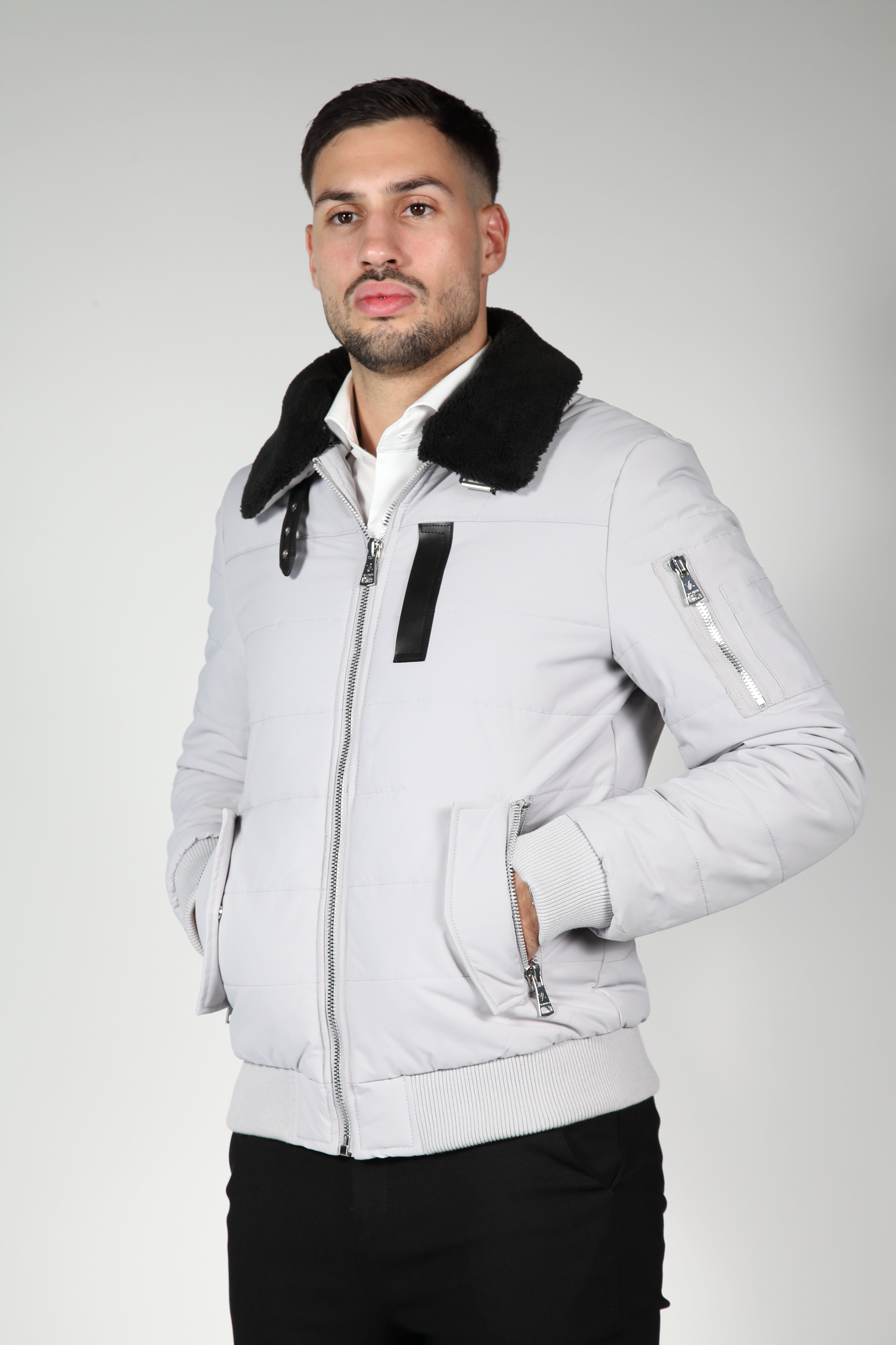 Gray bomber jacket with black collar