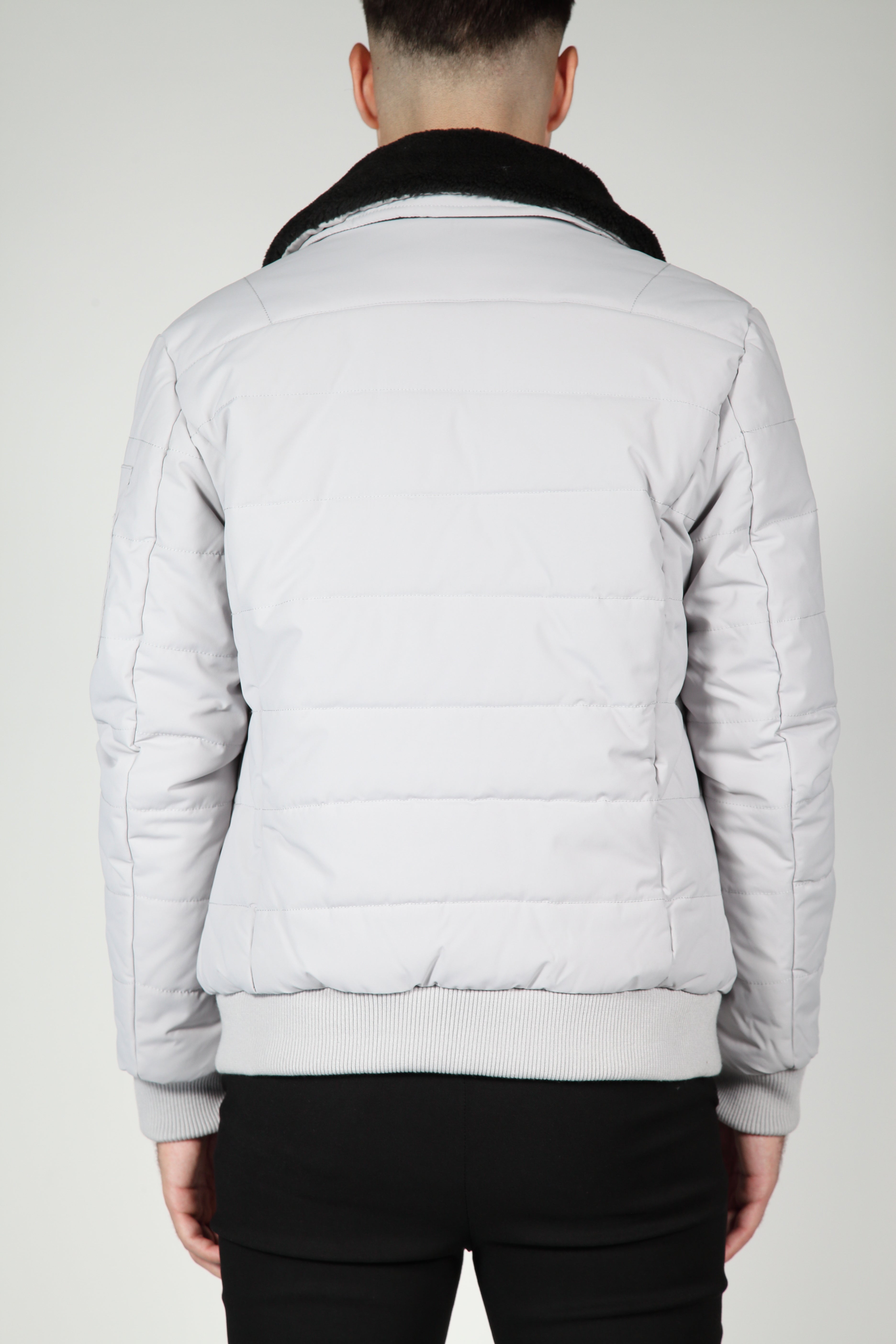 Gray bomber jacket with black collar