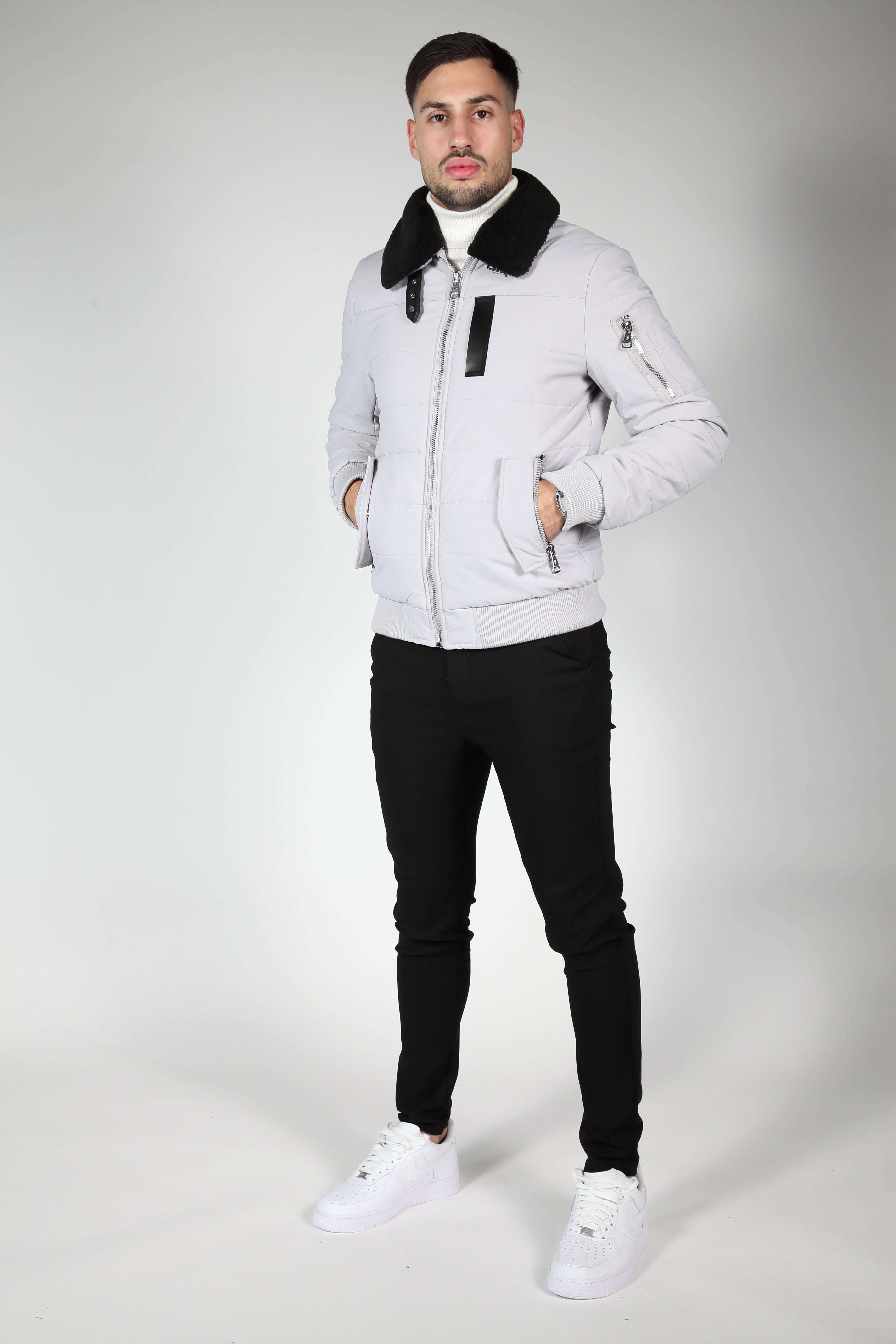 Gray bomber jacket with black collar