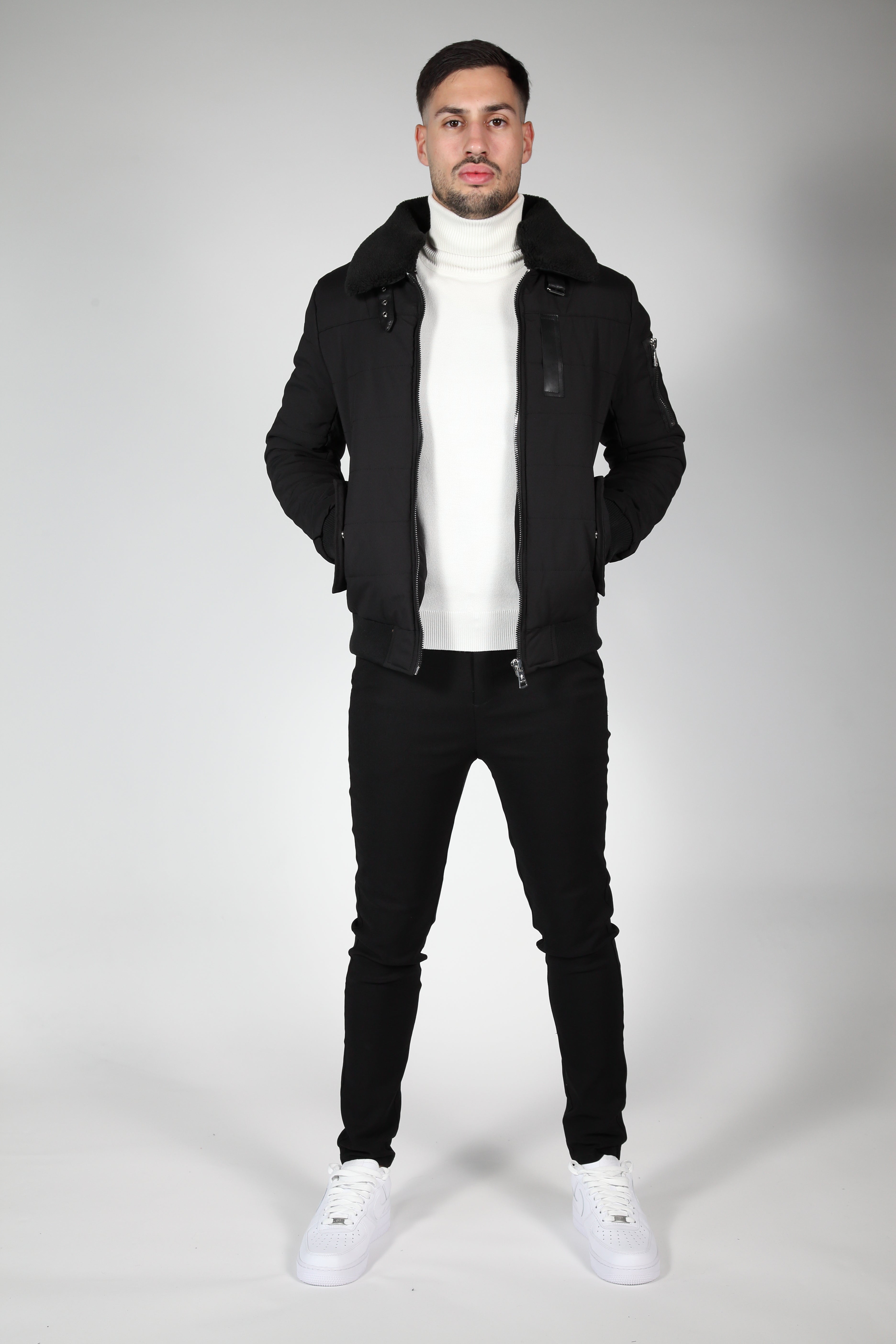 Black bomber jacket with black collar