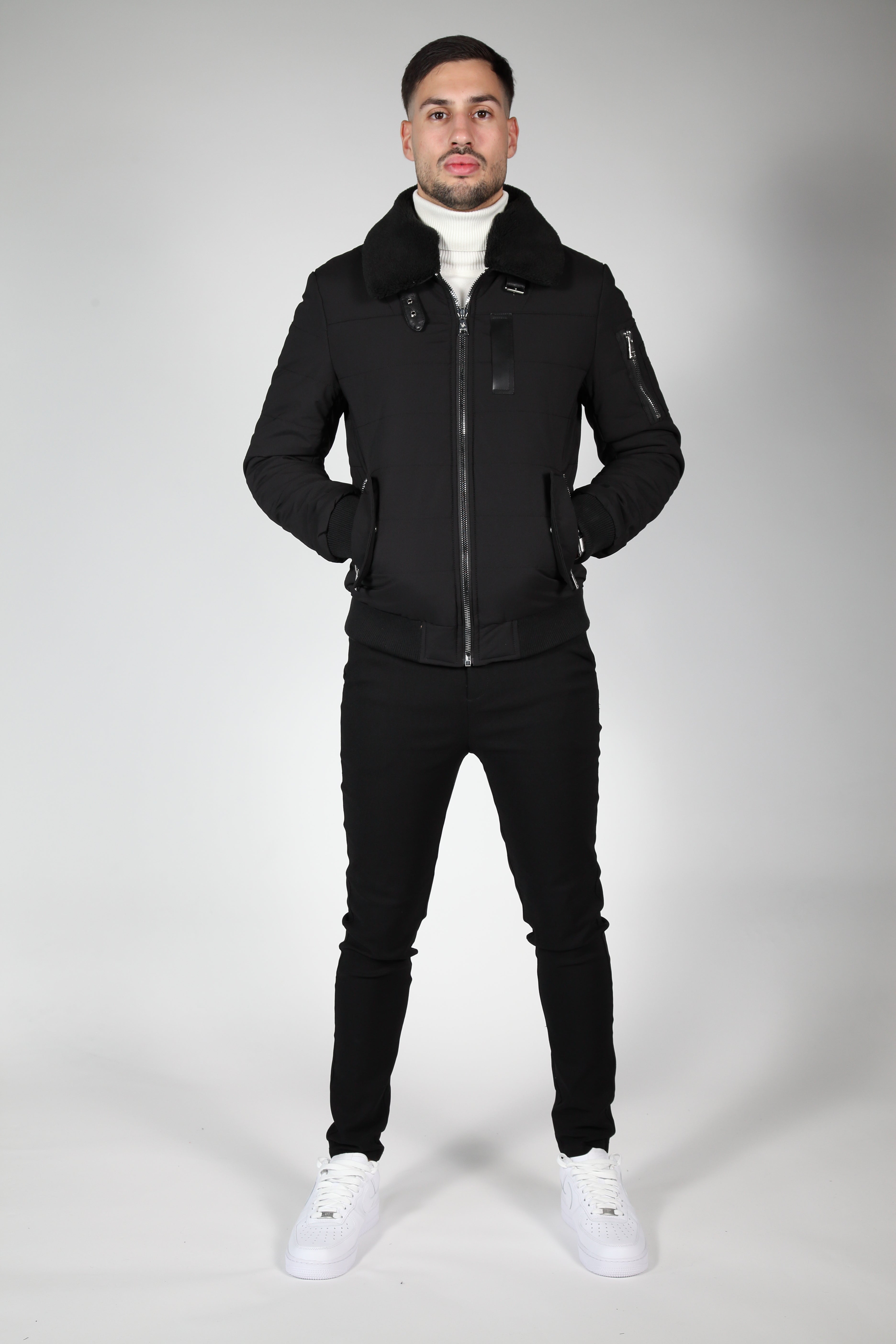 Black bomber jacket with black collar