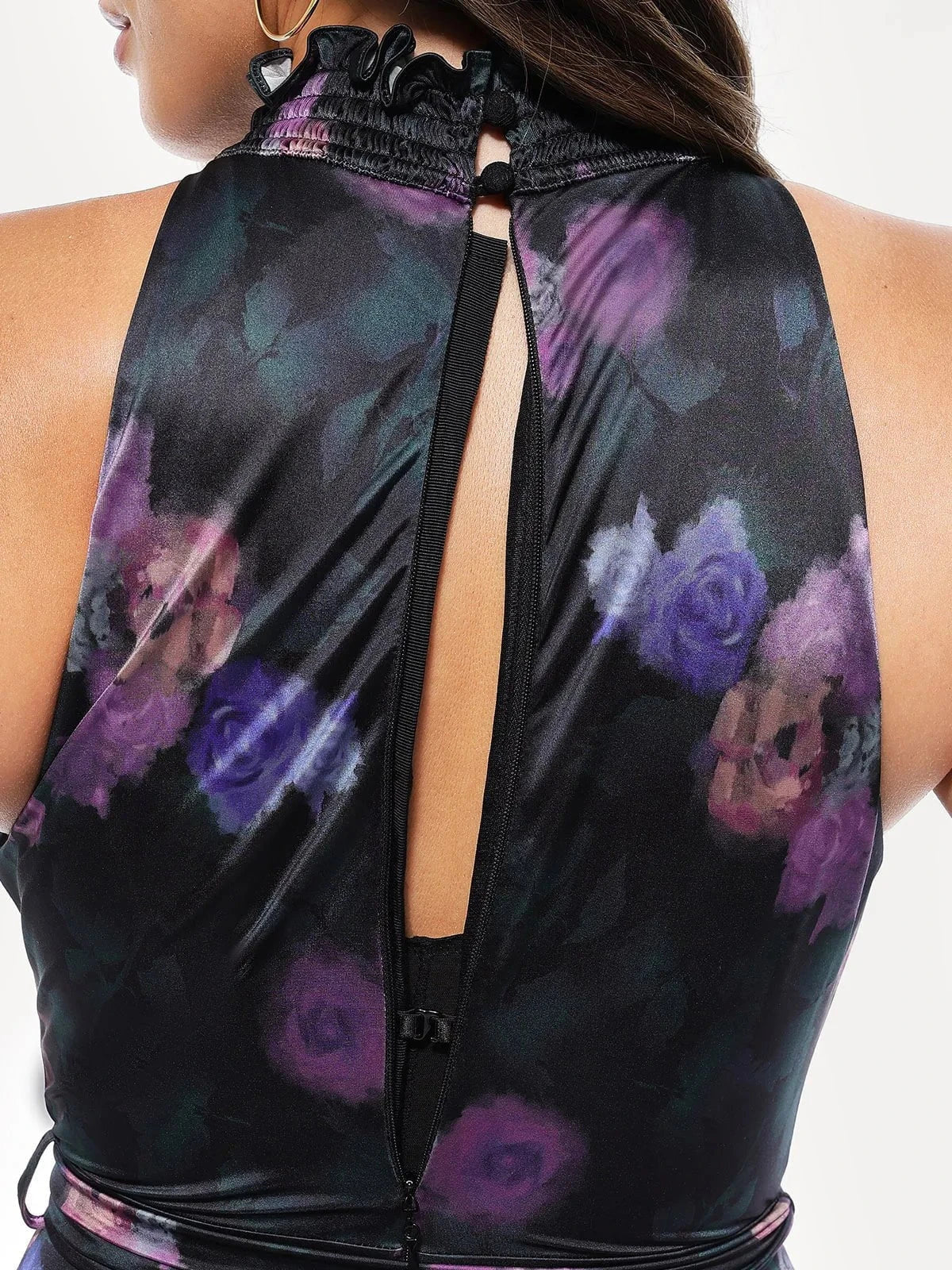 Draped High Neck Sculpting Floral-Print Maxi Dress