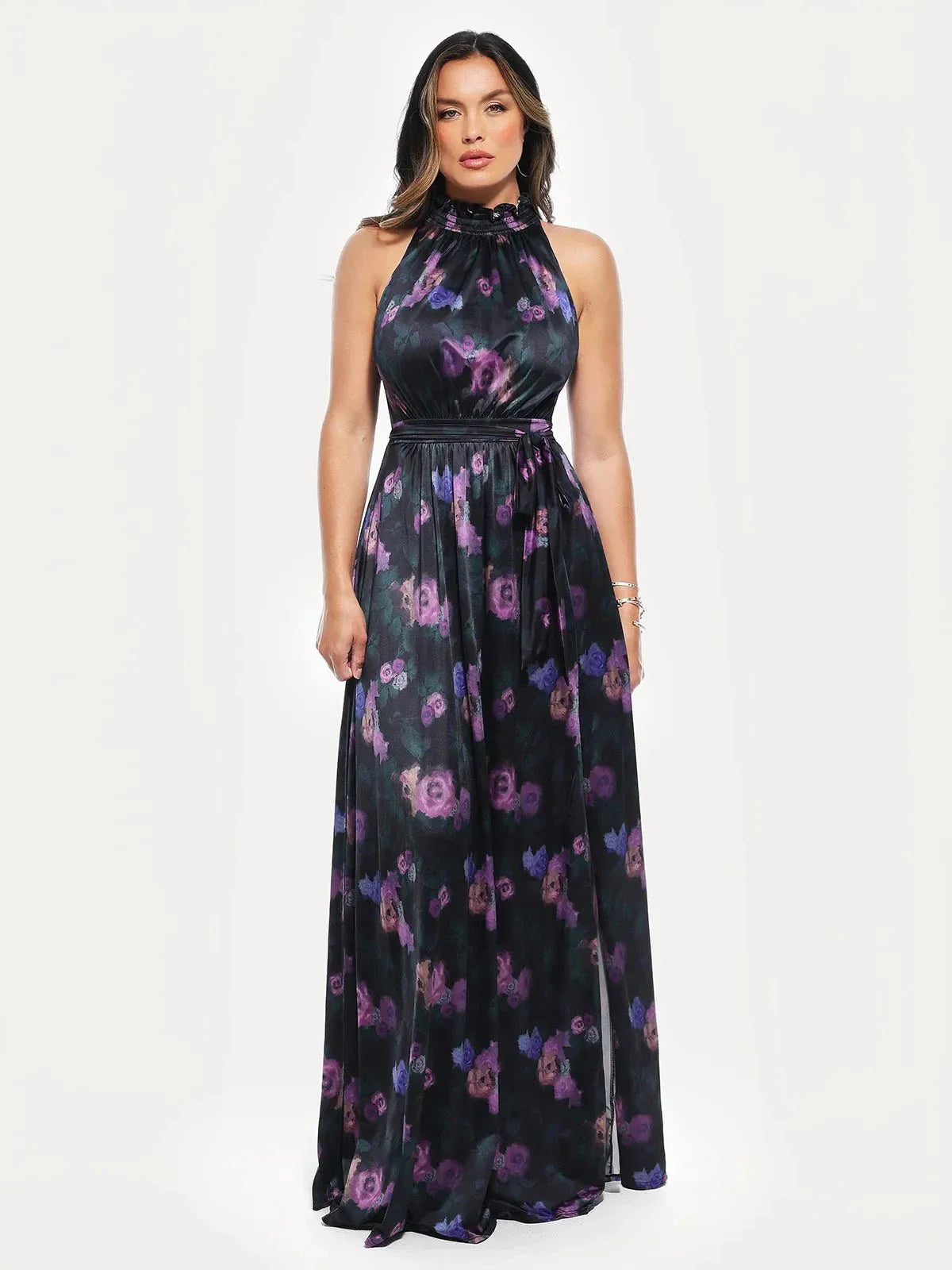 Draped High Neck Sculpting Floral-Print Maxi Dress