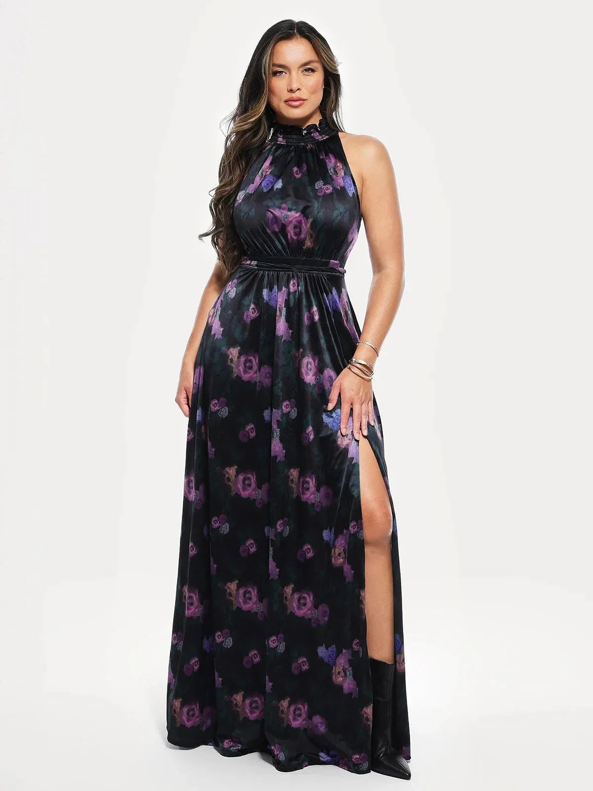 Draped High Neck Sculpting Floral-Print Maxi Dress