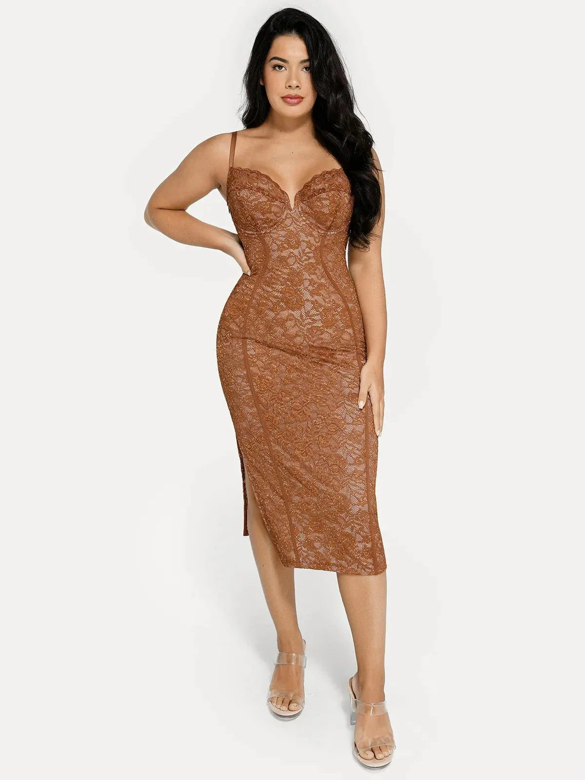 Shapewear All-Lace Hourglass Corset Side Slit Midi Dress
