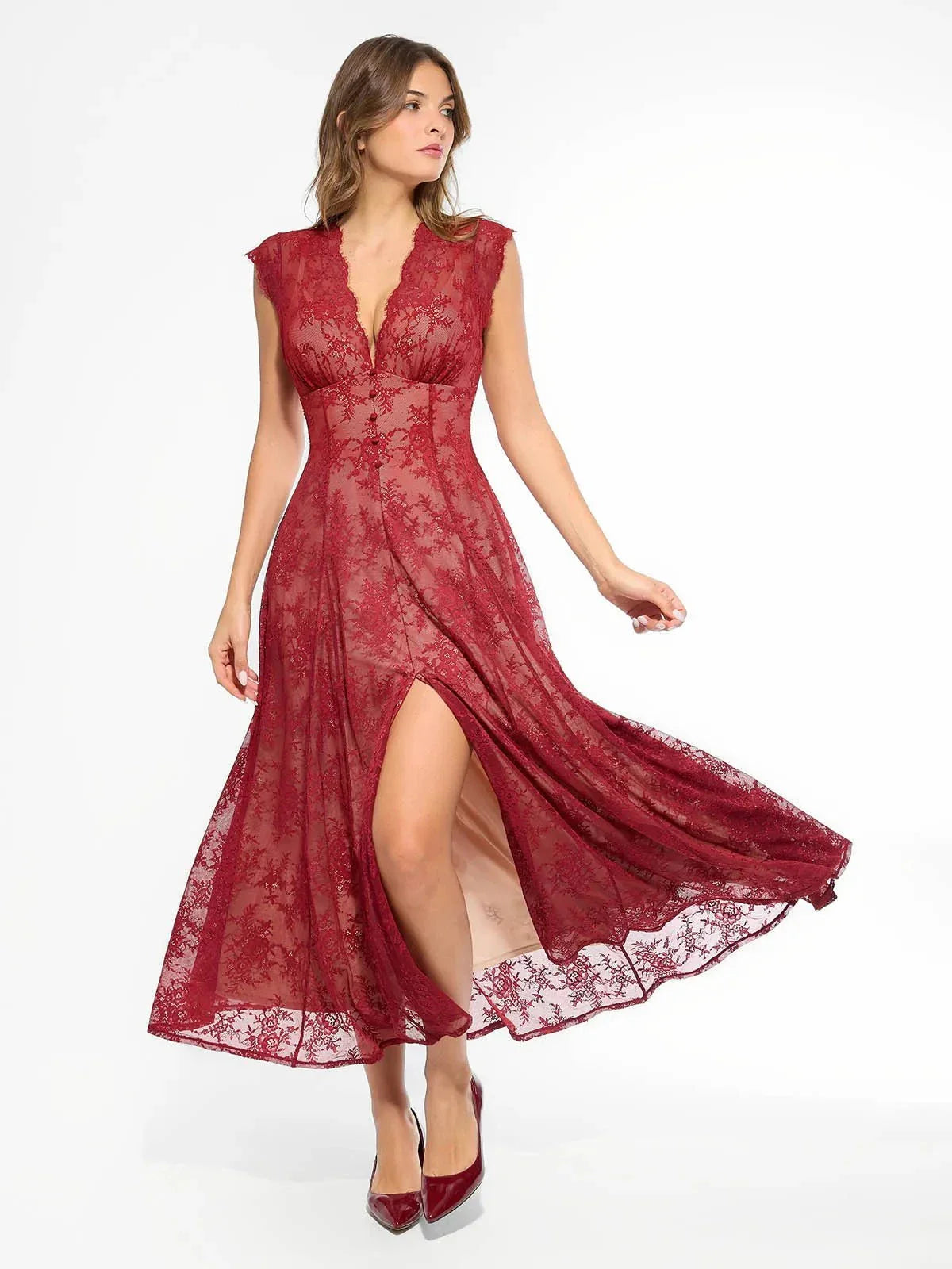 Shapewear Boho Floral Lace Front Slit Maxi Dress
