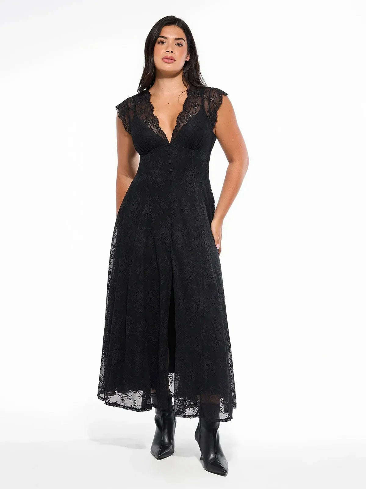 Shapewear Boho Floral Lace Front Slit Maxi Dress