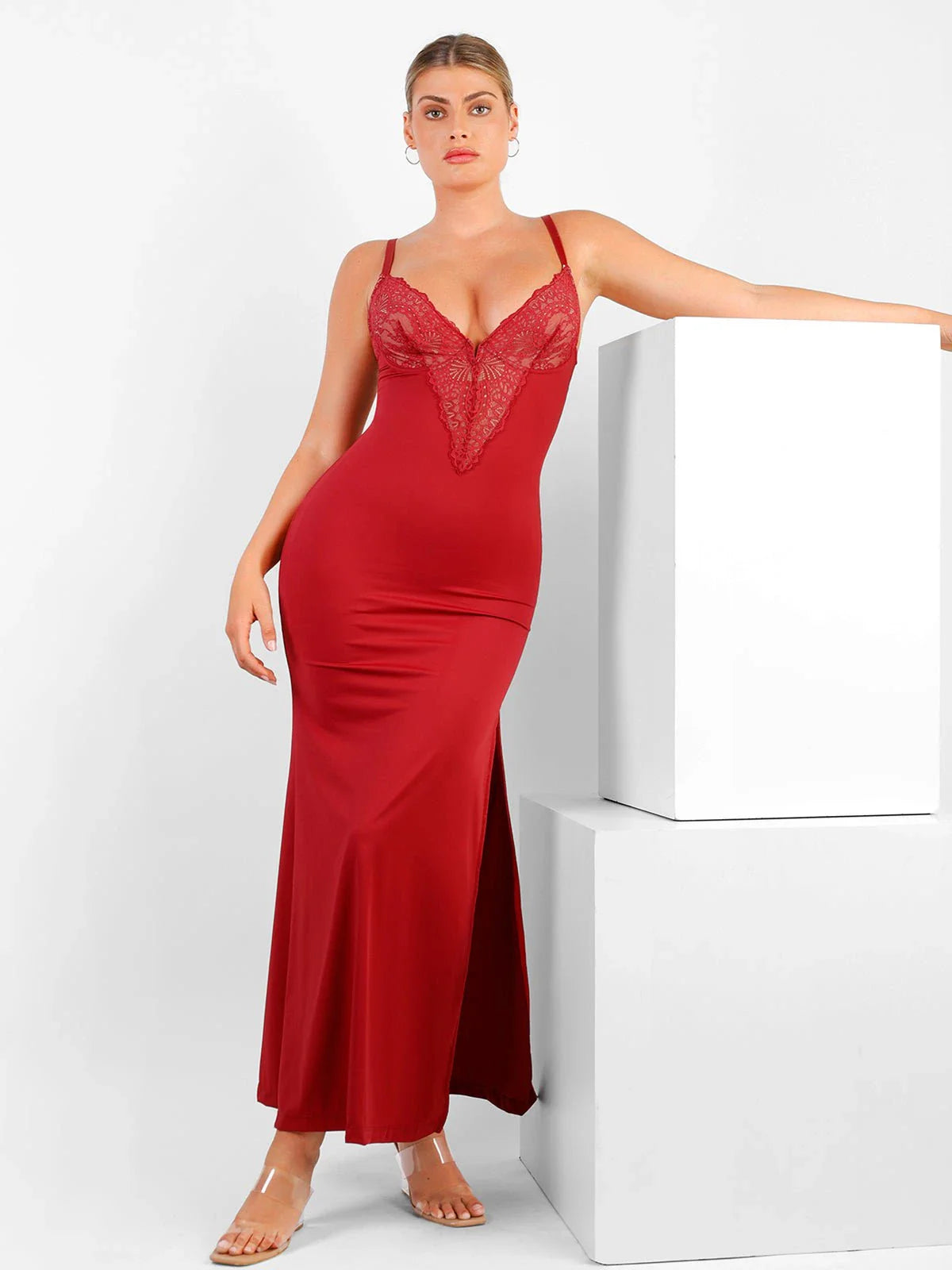 Shapewear Lace V Neck Side Slit Slimming Maxi Slip Dress