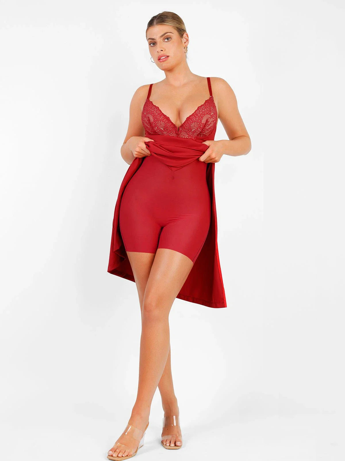 Shapewear Lace V Neck Side Slit Slimming Maxi Slip Dress