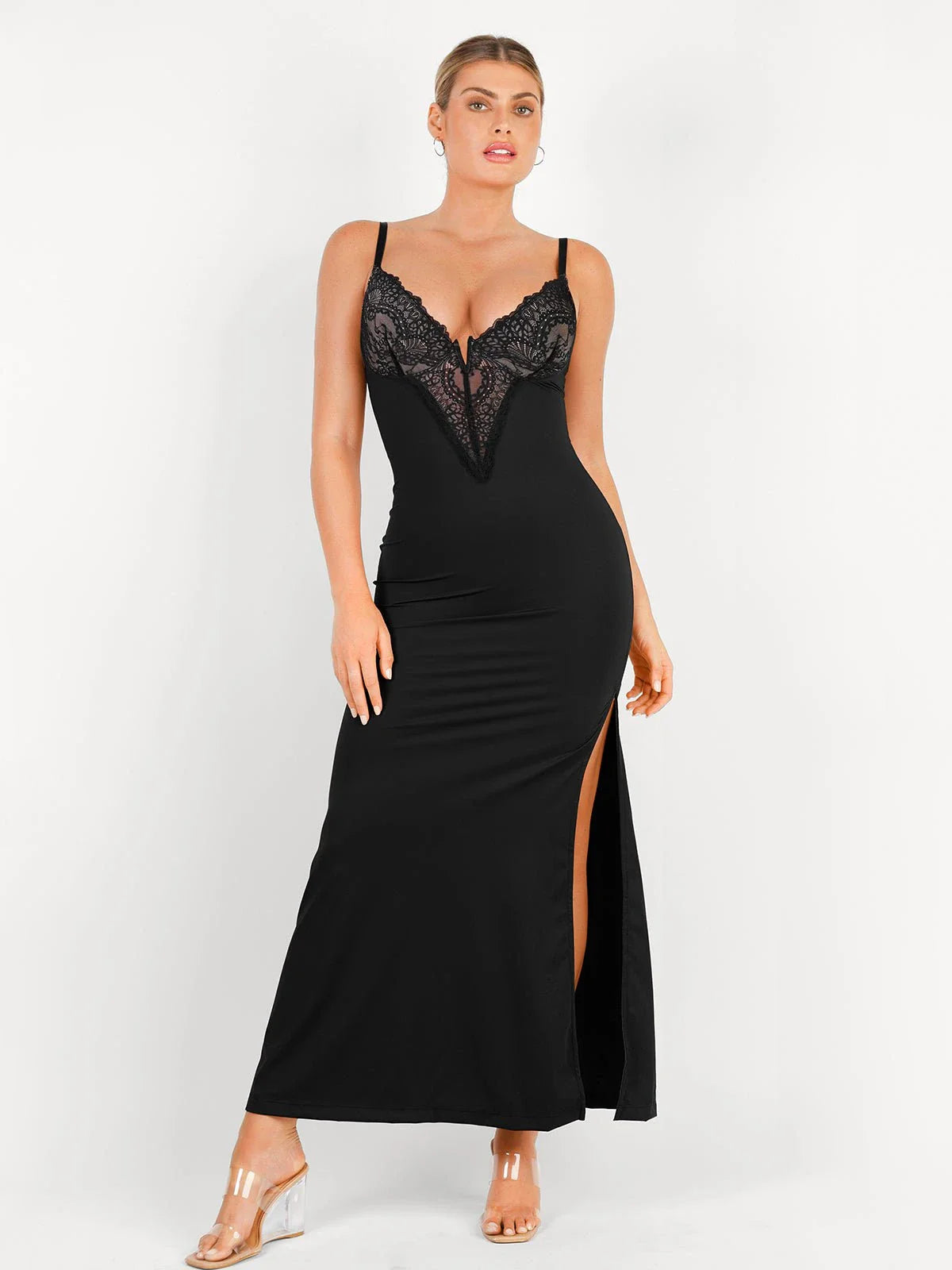 Shapewear Lace V Neck Side Slit Slimming Maxi Slip Dress