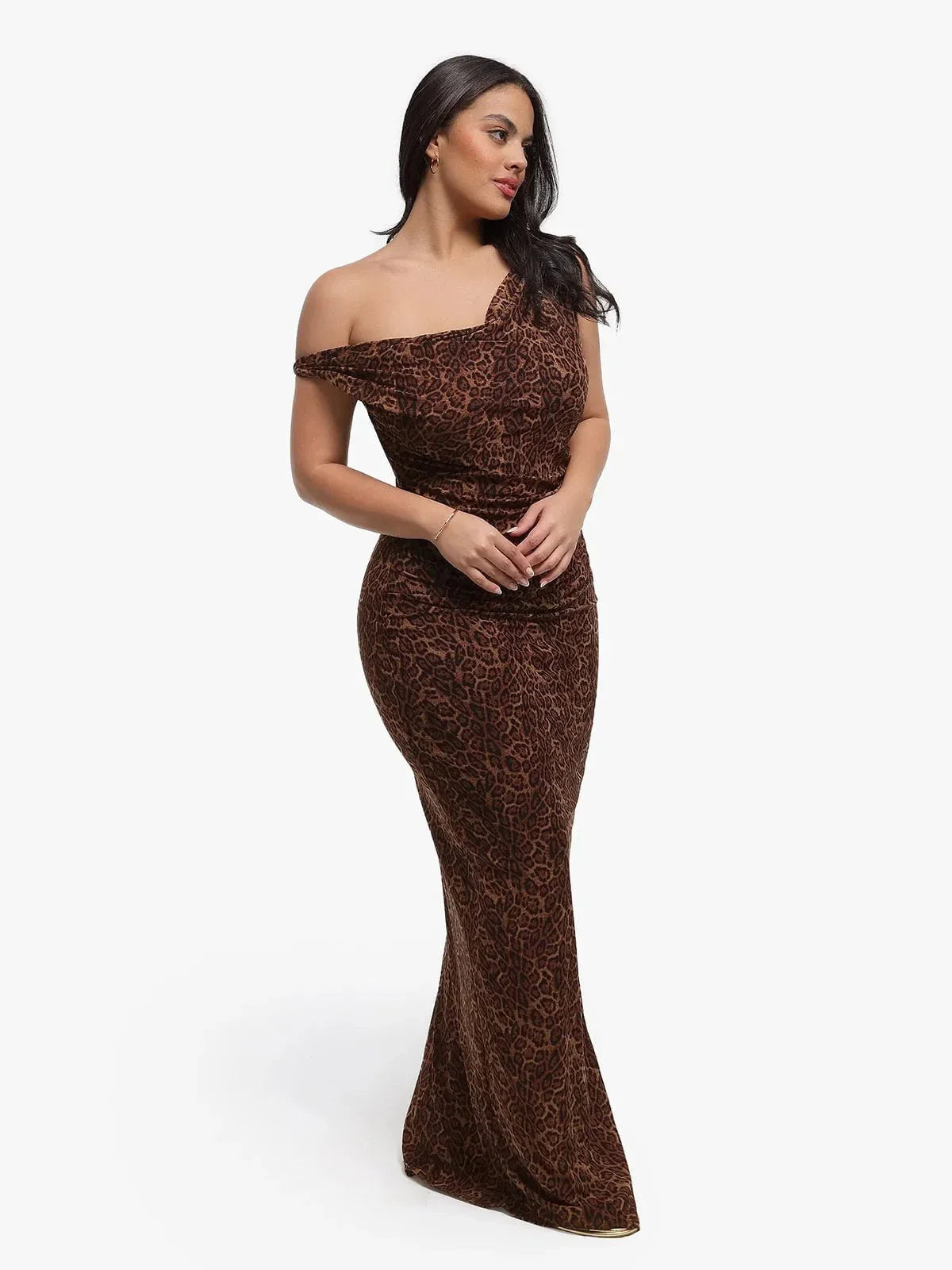 Shapewear Leopard Cowl Neck Ruched Sculpting Maxi Dress