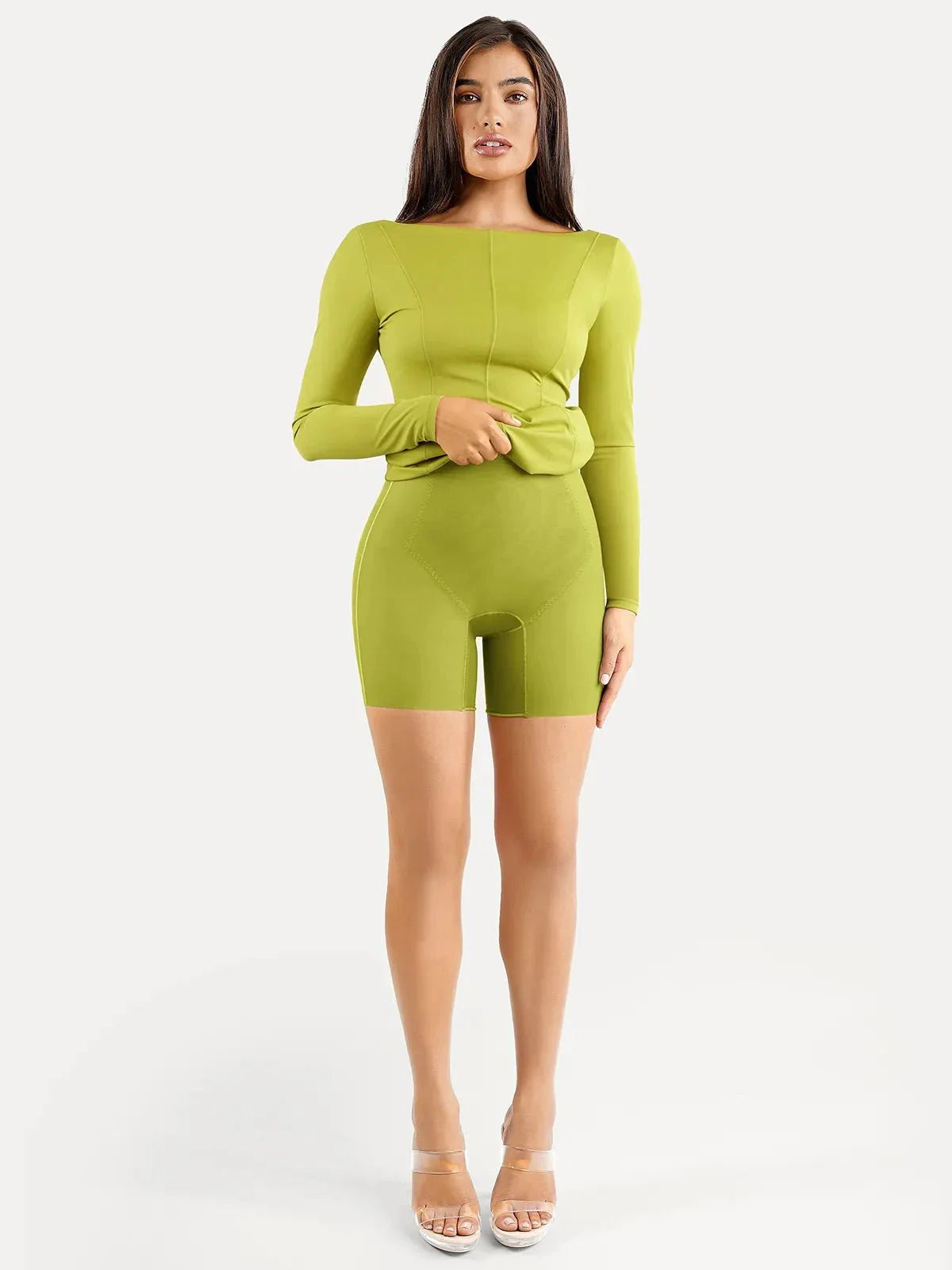 Shapewear Long Sleeve Boat Neck Sculpting Midi Dress