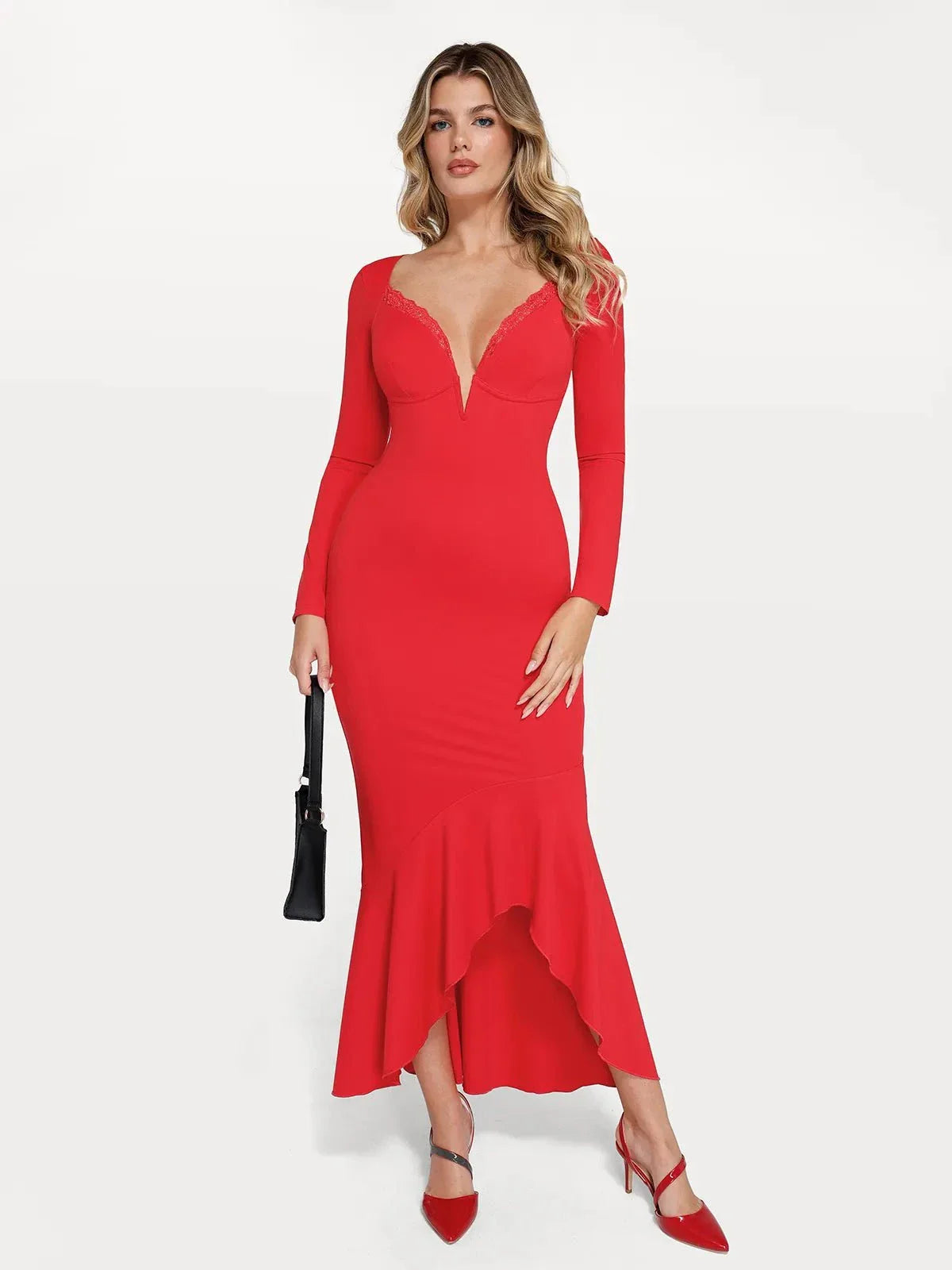 Shapewear Long Sleeve Lace Trim Sculpting Mermaid Maxi Dress