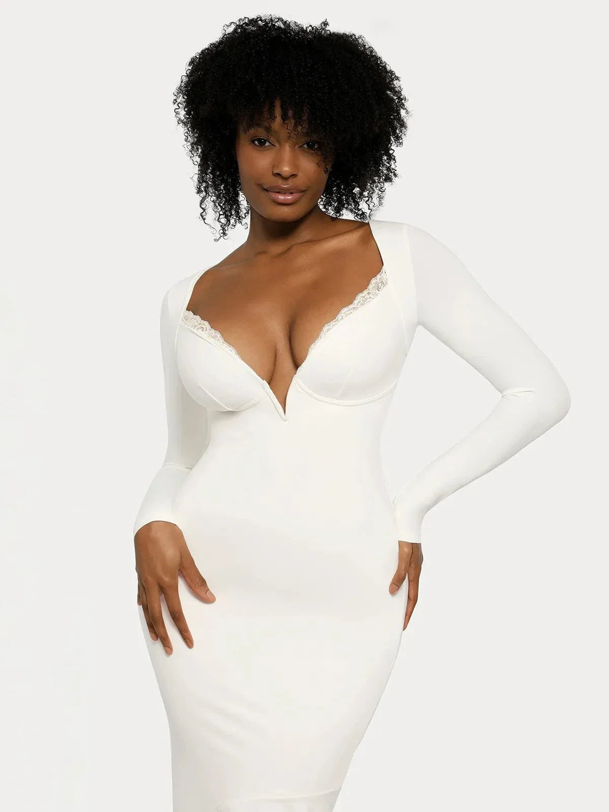 Shapewear Long Sleeve Lace Trim Sculpting Mermaid Maxi Dress