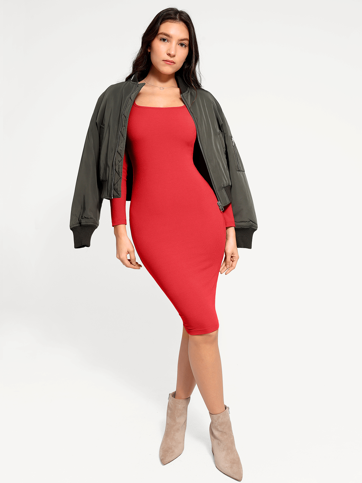 Shapewear Long Sleeve Square Neck Modal Slimming Midi Dress