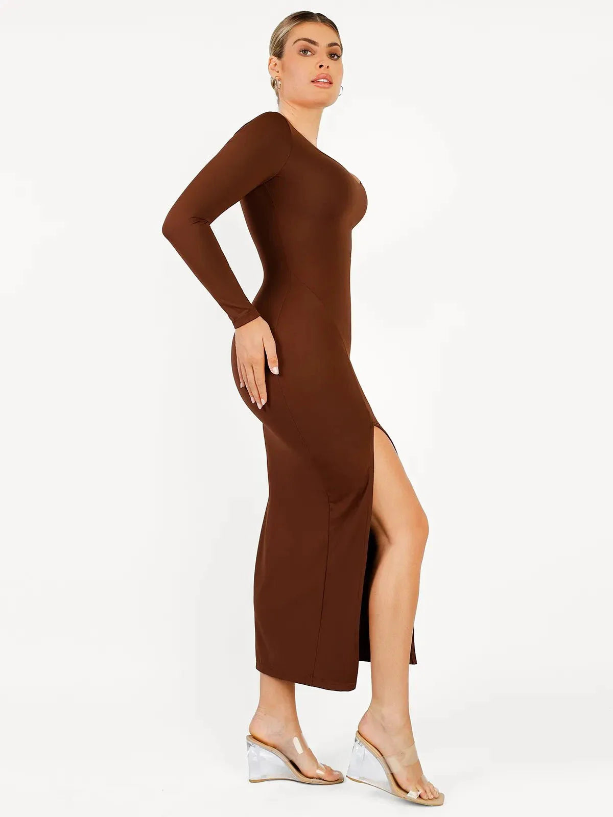 Shapewear Long Sleeve V-Neck Low Back Slimming Maxi Dress
