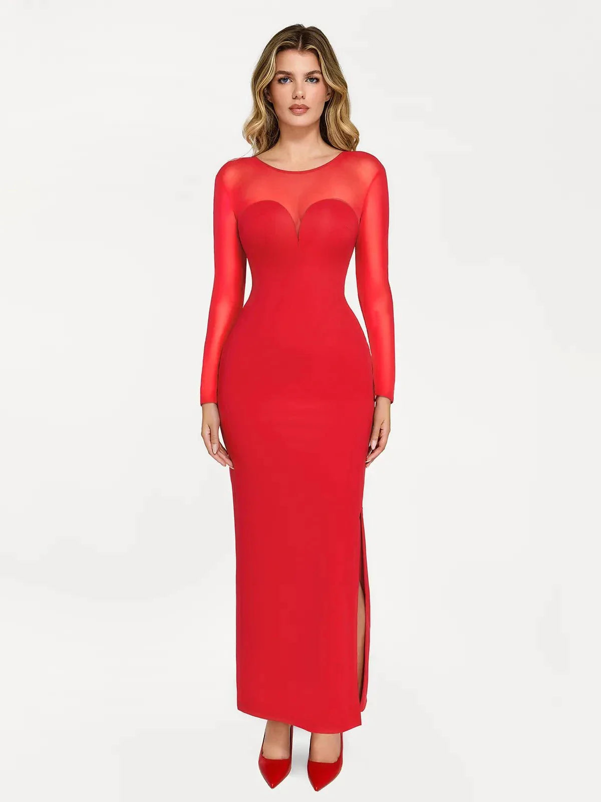 Shapewear Mesh Long Sleeve V-Back Slimming Maxi Dress