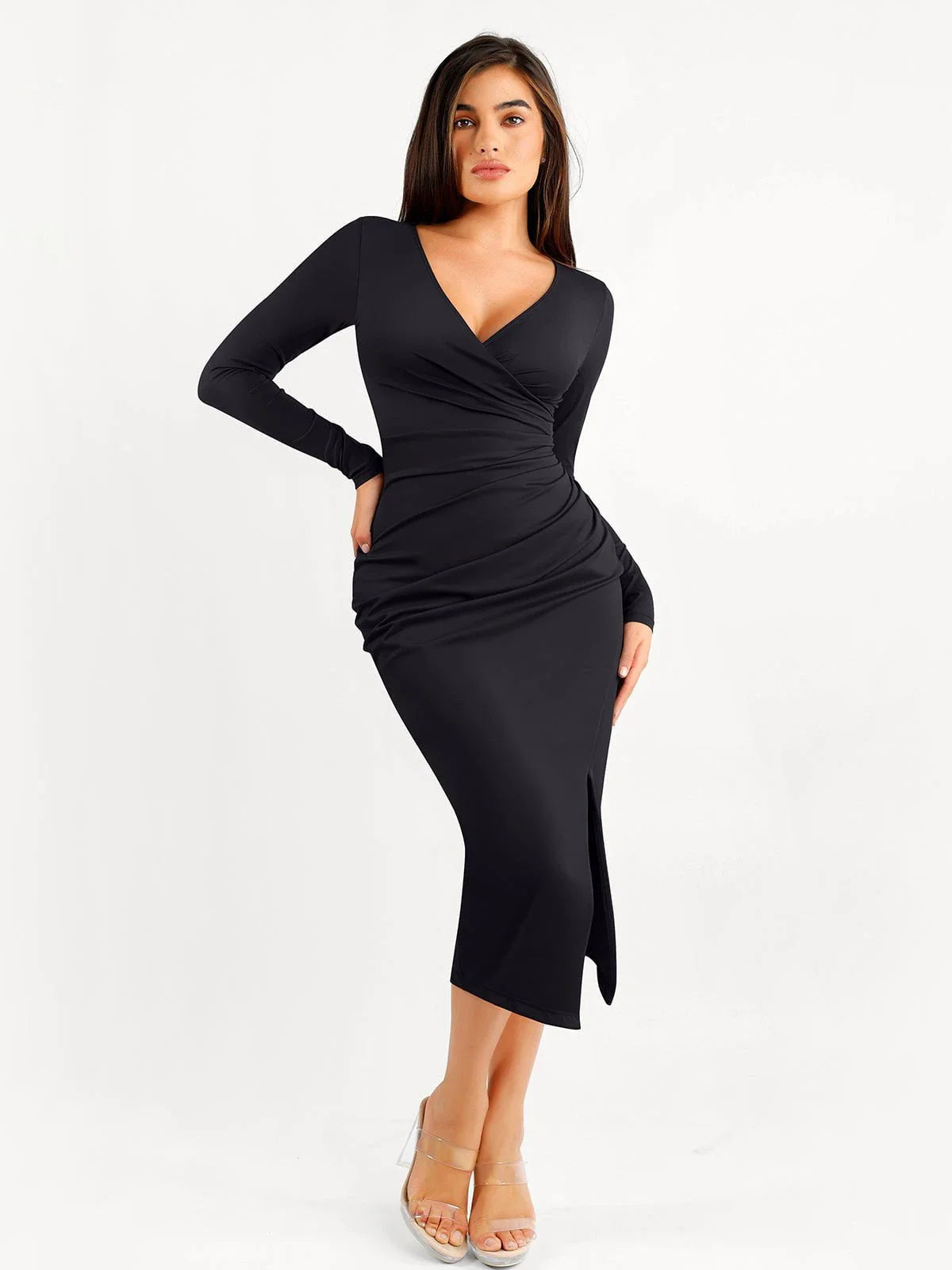 Shapewear Ruched Long Sleeve Faux Wrap Slimming Midi Dress