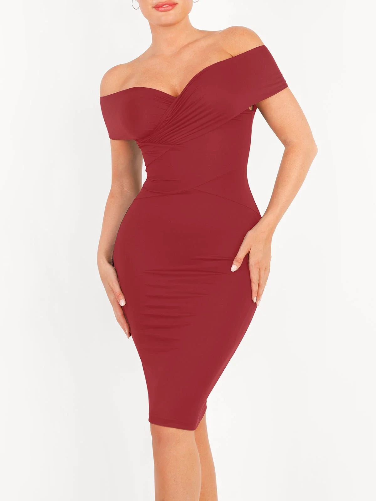Shapewear Ruched Off-Shoulder Sculpting Midi Dress