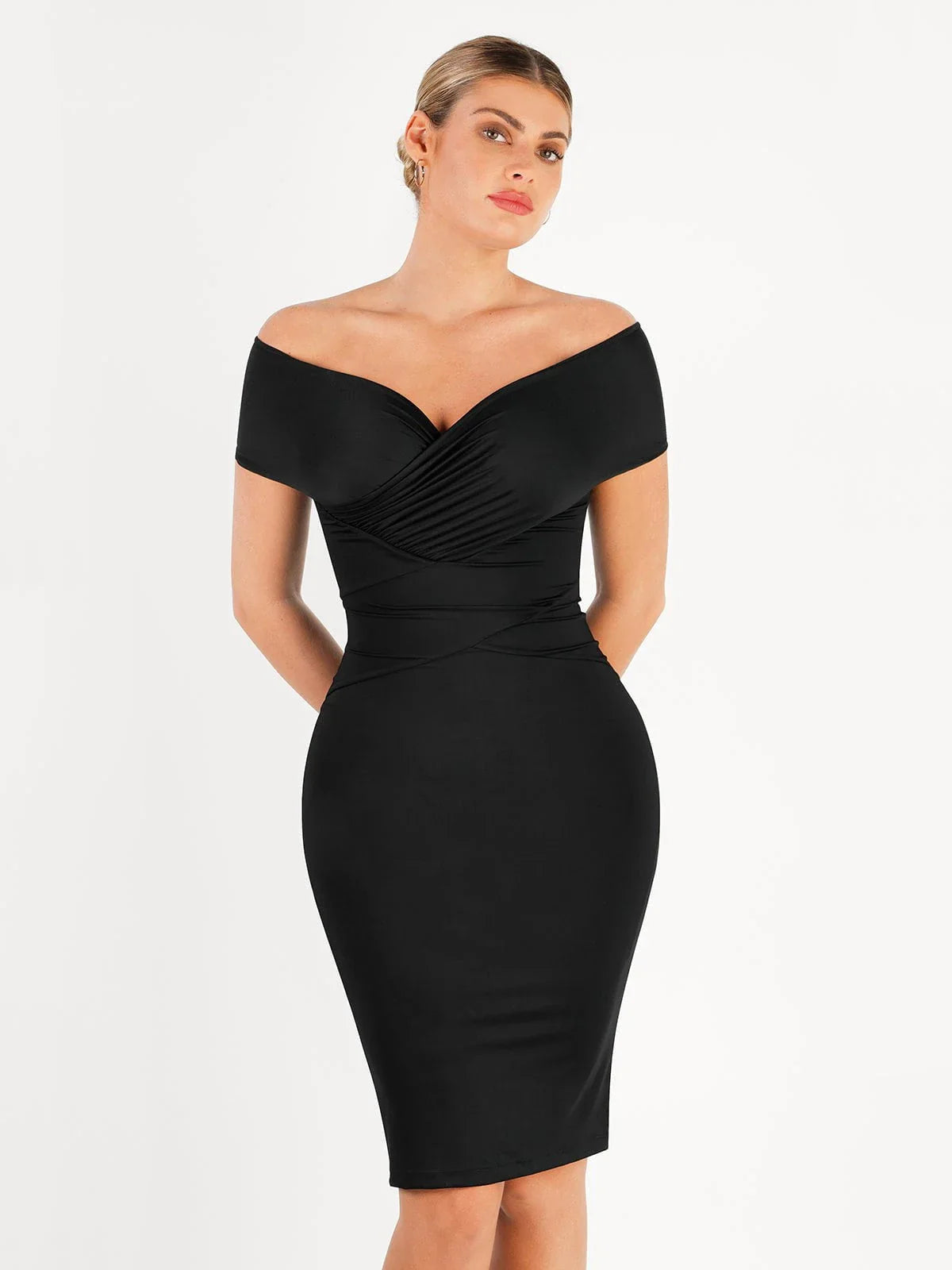 Shapewear Ruched Off-Shoulder Sculpting Midi Dress