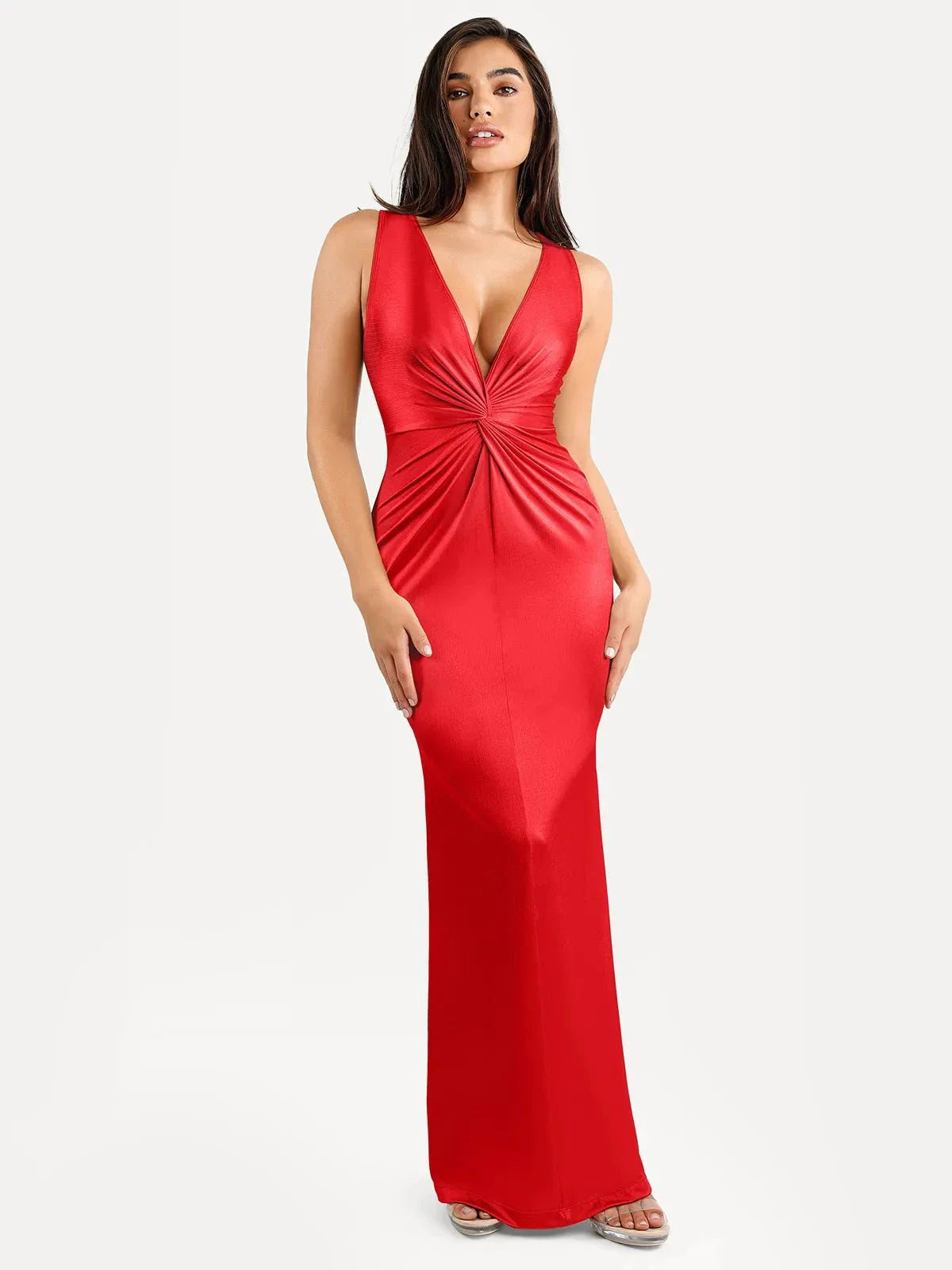 Shapewear Shine Deep V-Neck Bias Twist Hourglass Maxi Dress