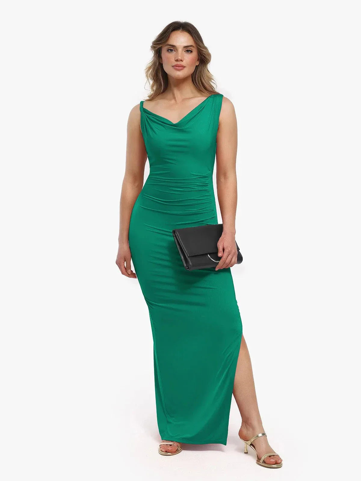 Shapewear Solid Cowl Neck Ruched Sculpting Maxi Dress