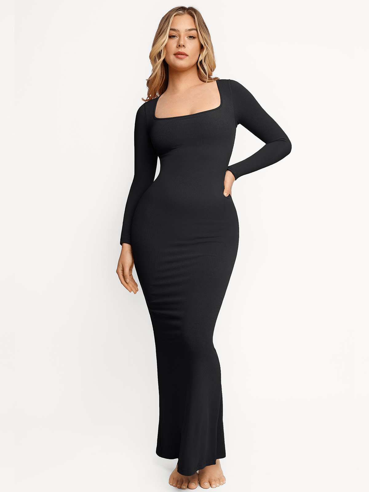 Shapewear Square Neck Long Sleeve Slimming Modal Maxi Dress