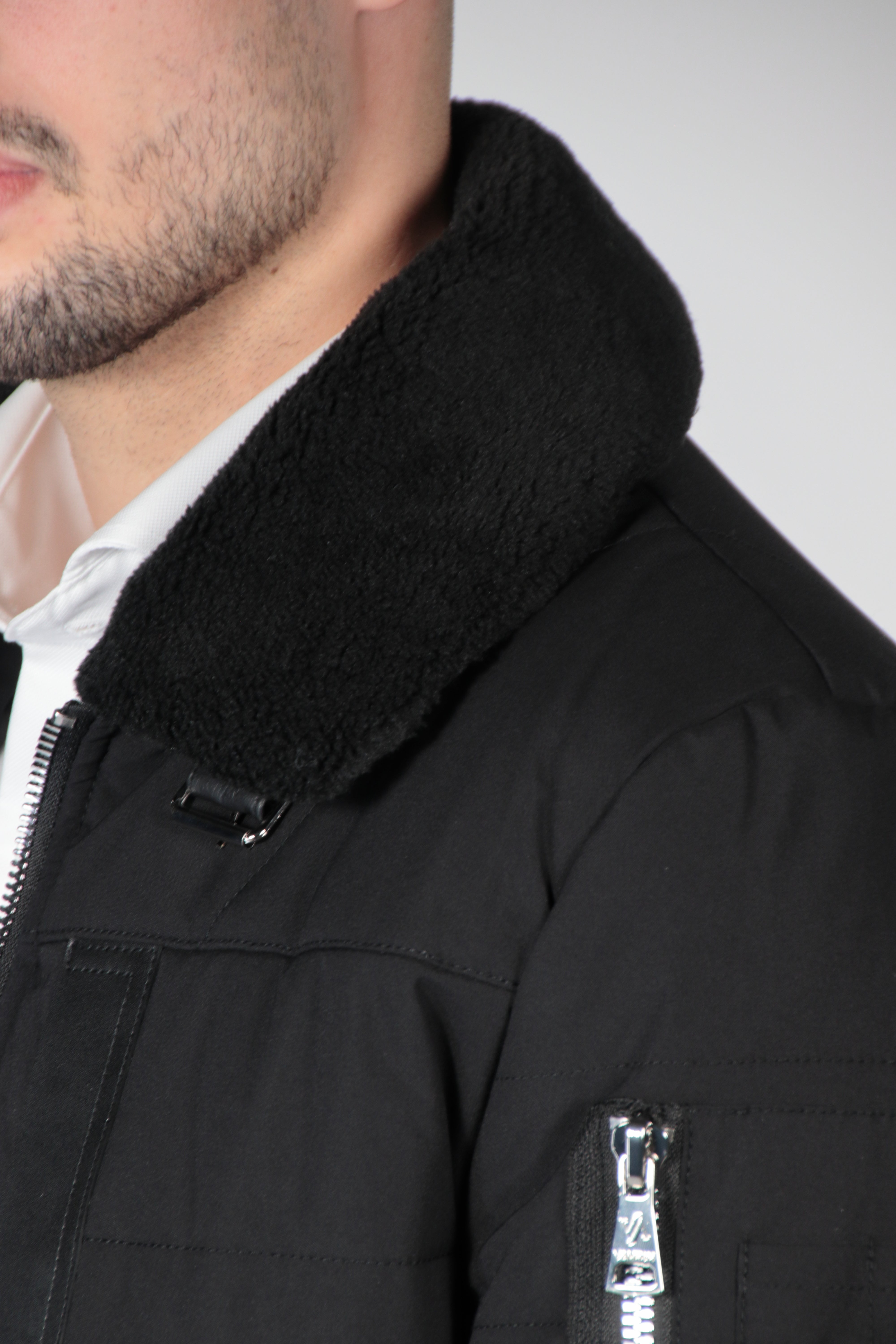 Black bomber jacket with black collar