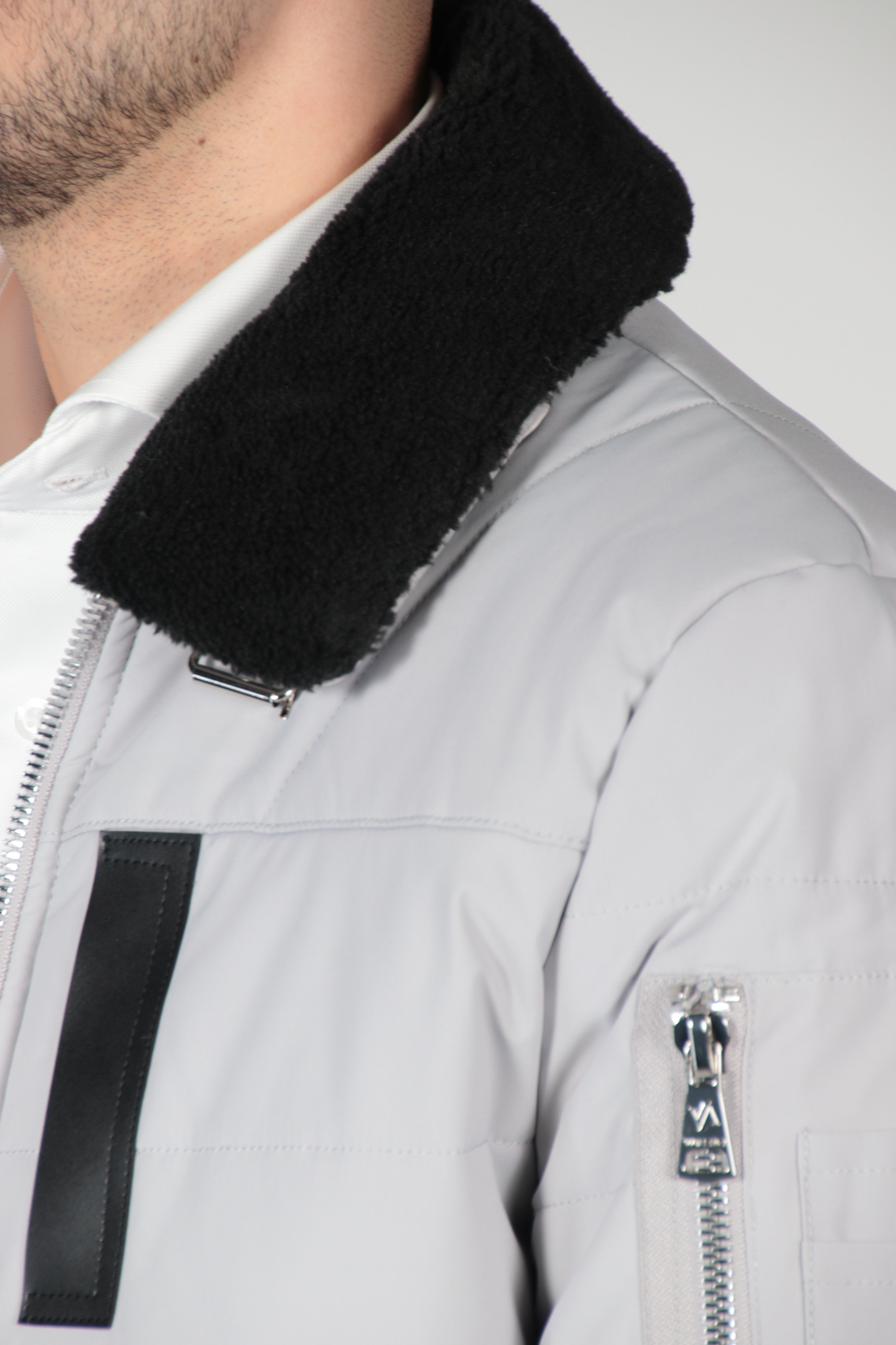 Gray bomber jacket with black collar