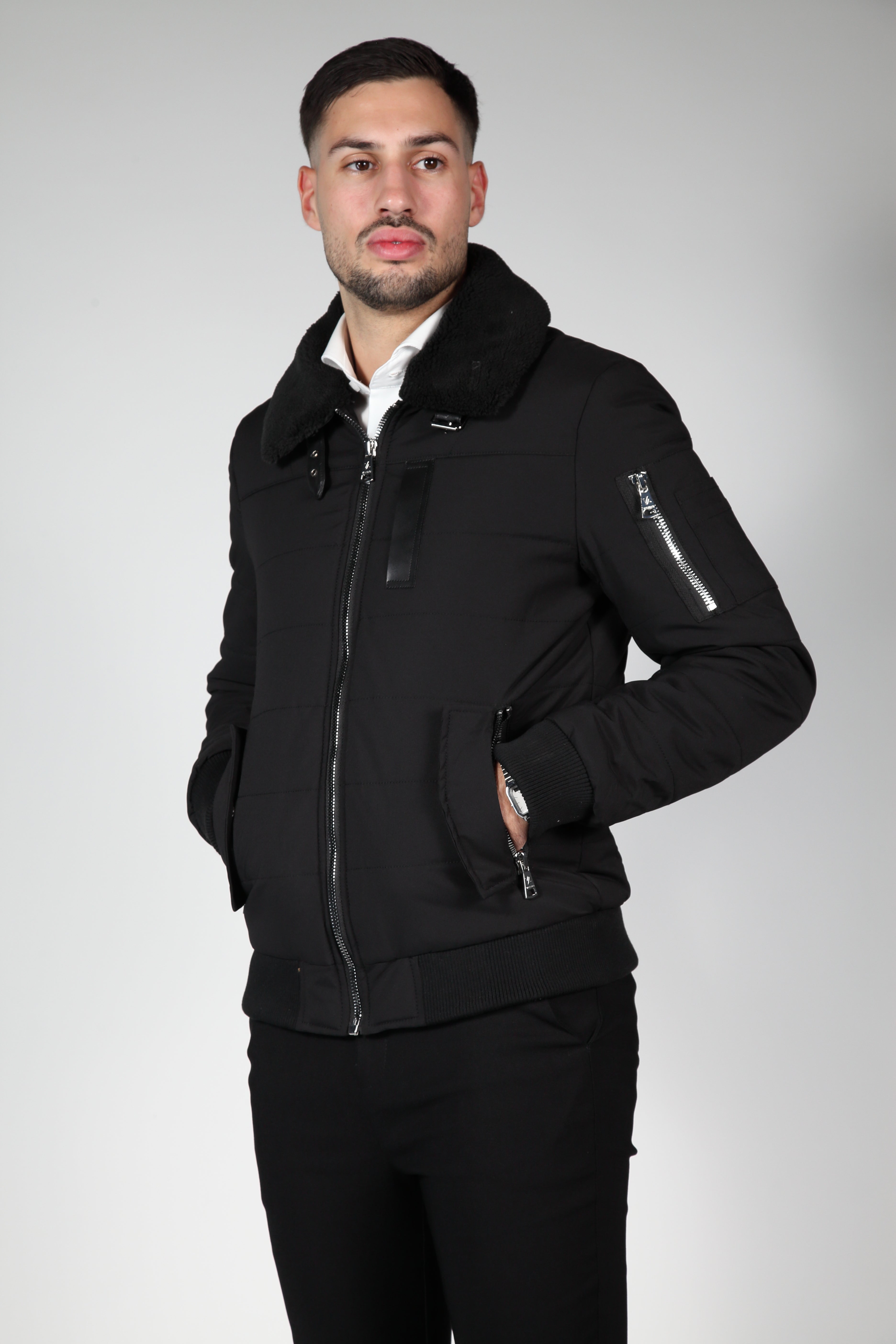 Black bomber jacket with black collar
