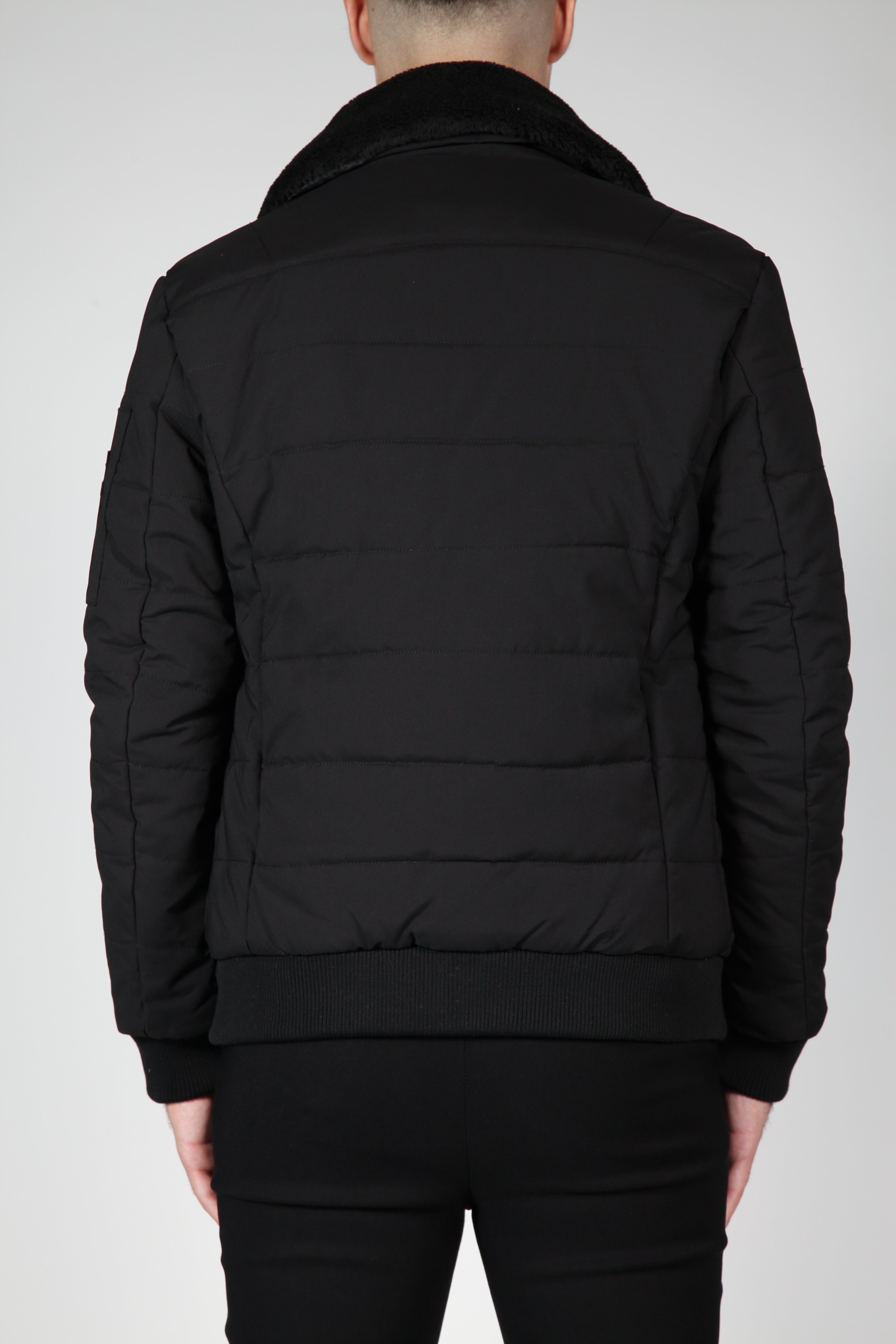 Black bomber jacket with black collar
