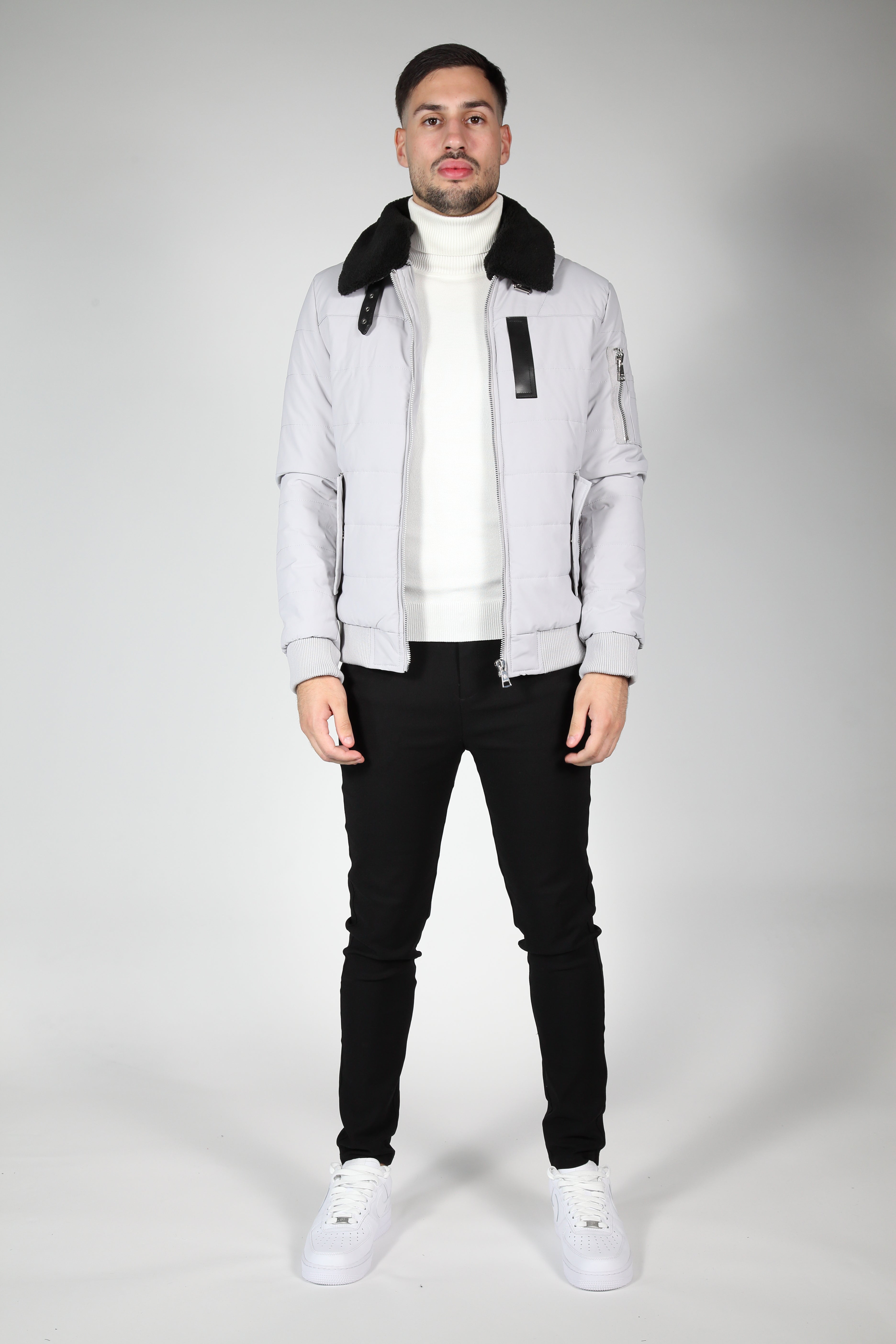 Gray bomber jacket with black collar