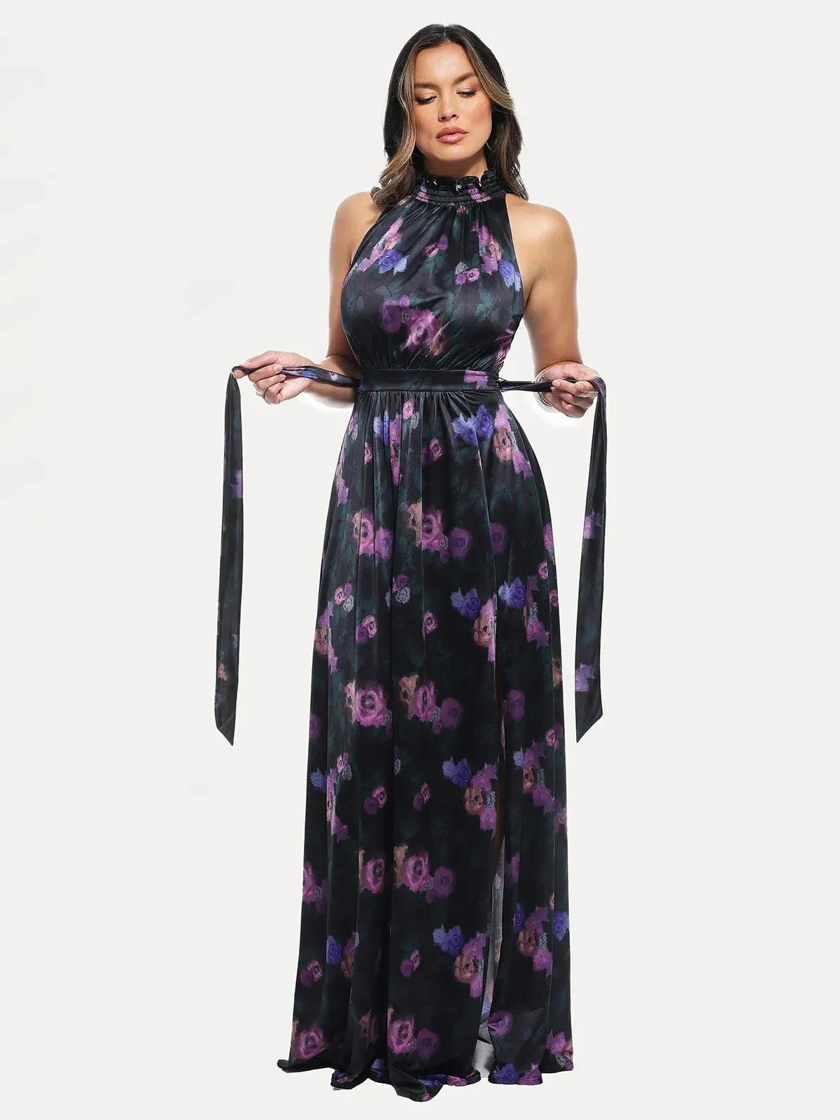 Draped High Neck Sculpting Floral-Print Maxi Dress