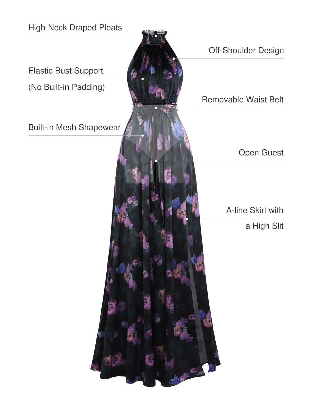 Draped High Neck Sculpting Floral-Print Maxi Dress