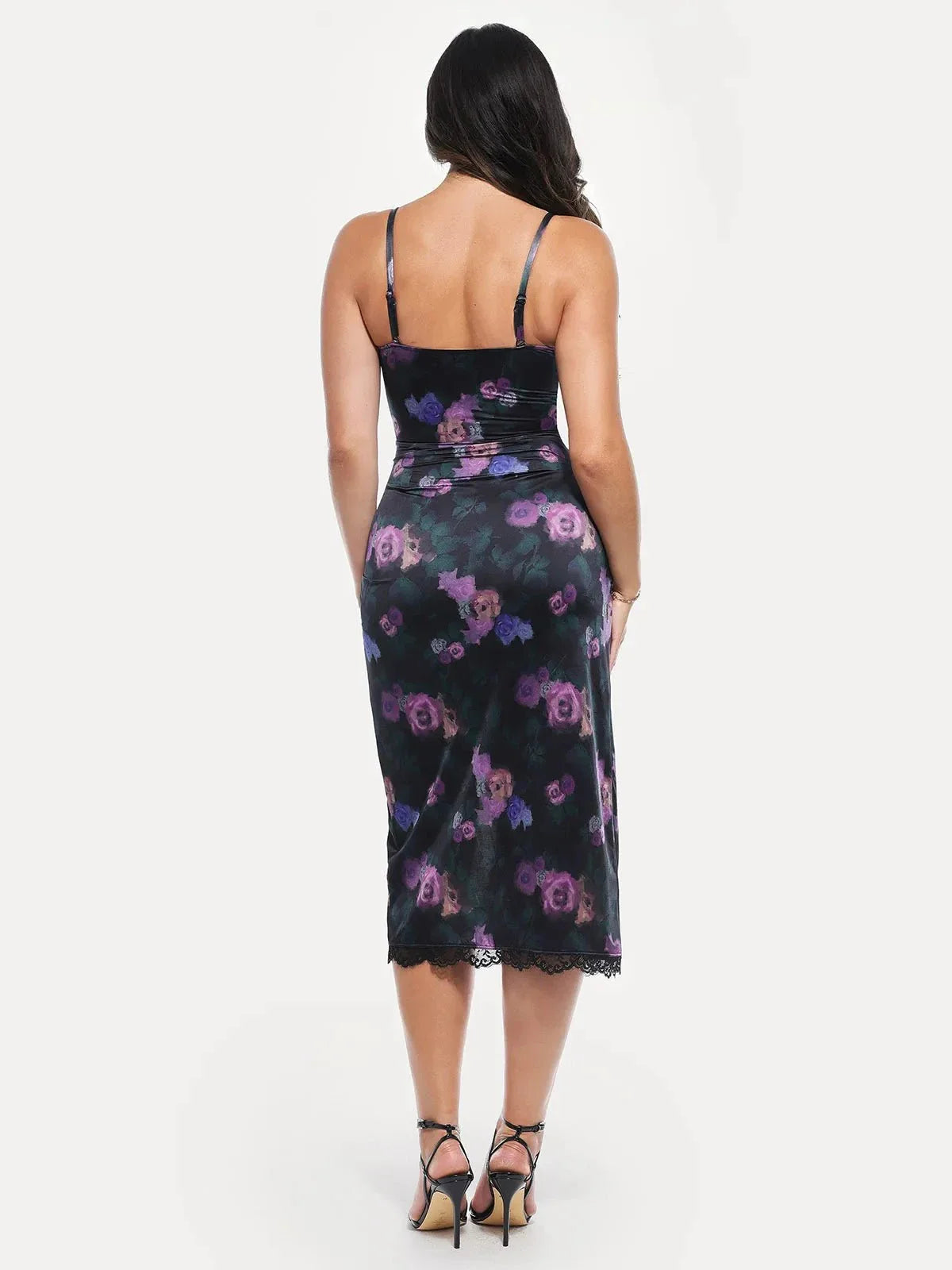 Lace Trim Sculpting Floral-Print Midi Dress