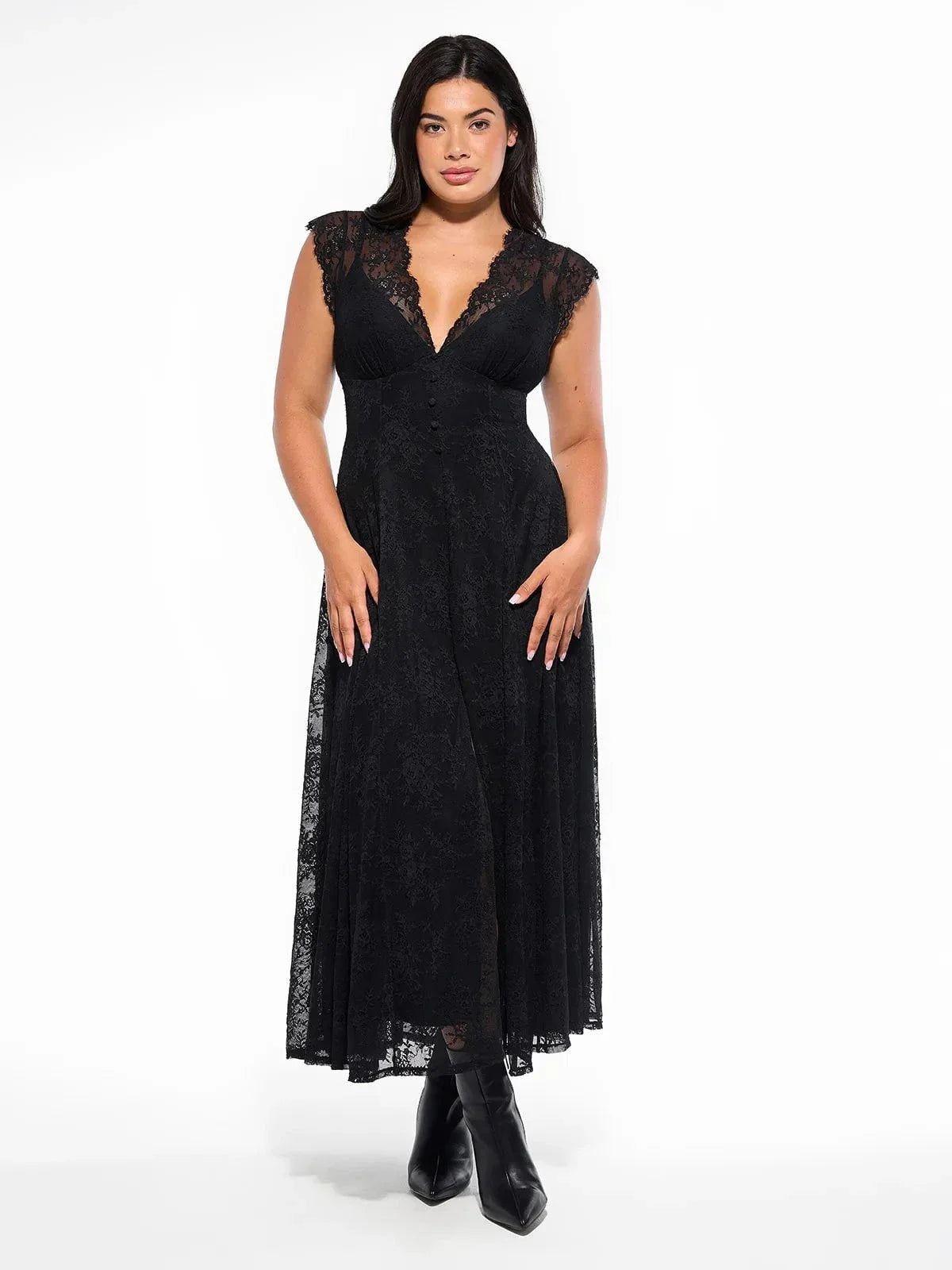 Shapewear Boho Floral Lace Front Slit Maxi Dress