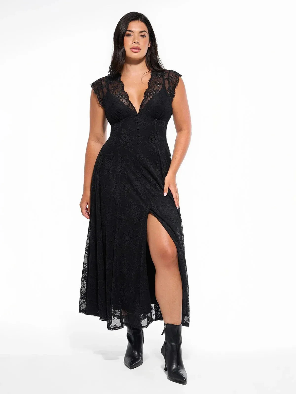 Shapewear Boho Floral Lace Front Slit Maxi Dress