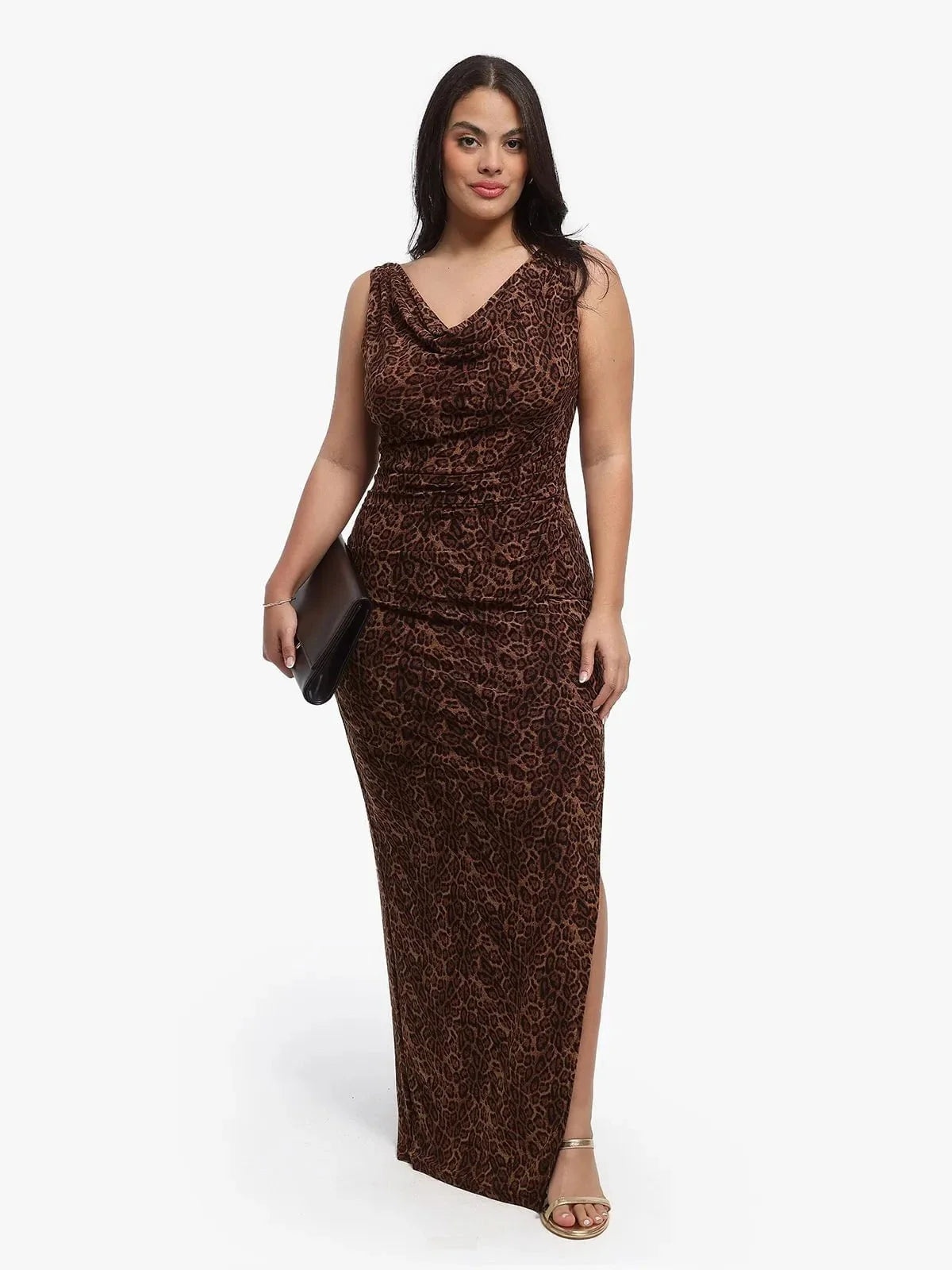 Shapewear Leopard Cowl Neck Ruched Sculpting Maxi Dress