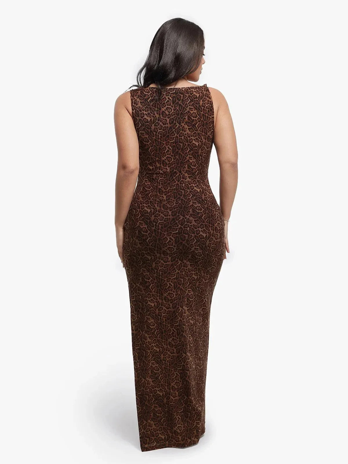 Shapewear Leopard Cowl Neck Ruched Sculpting Maxi Dress
