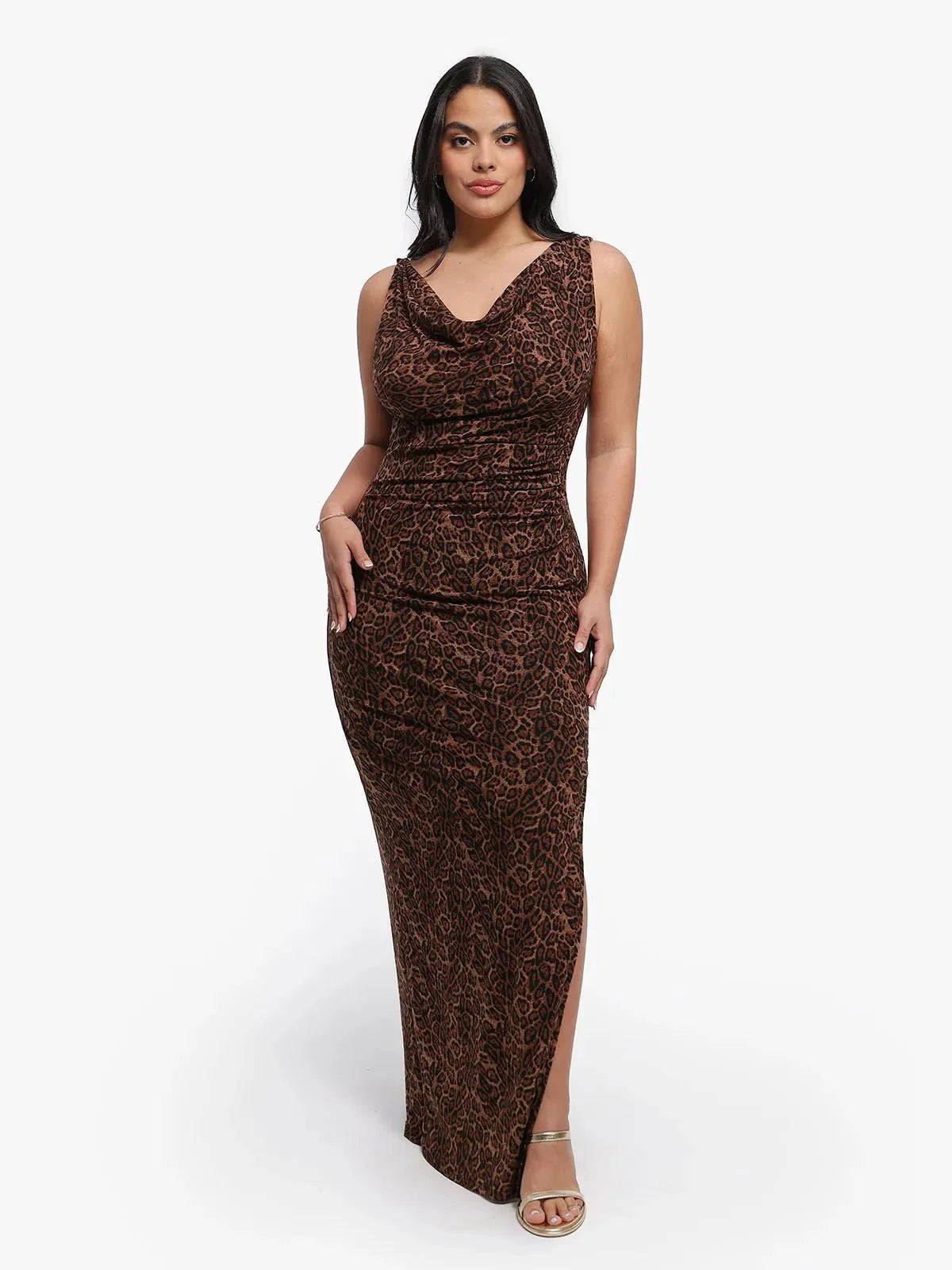 Shapewear Leopard Cowl Neck Ruched Sculpting Maxi Dress