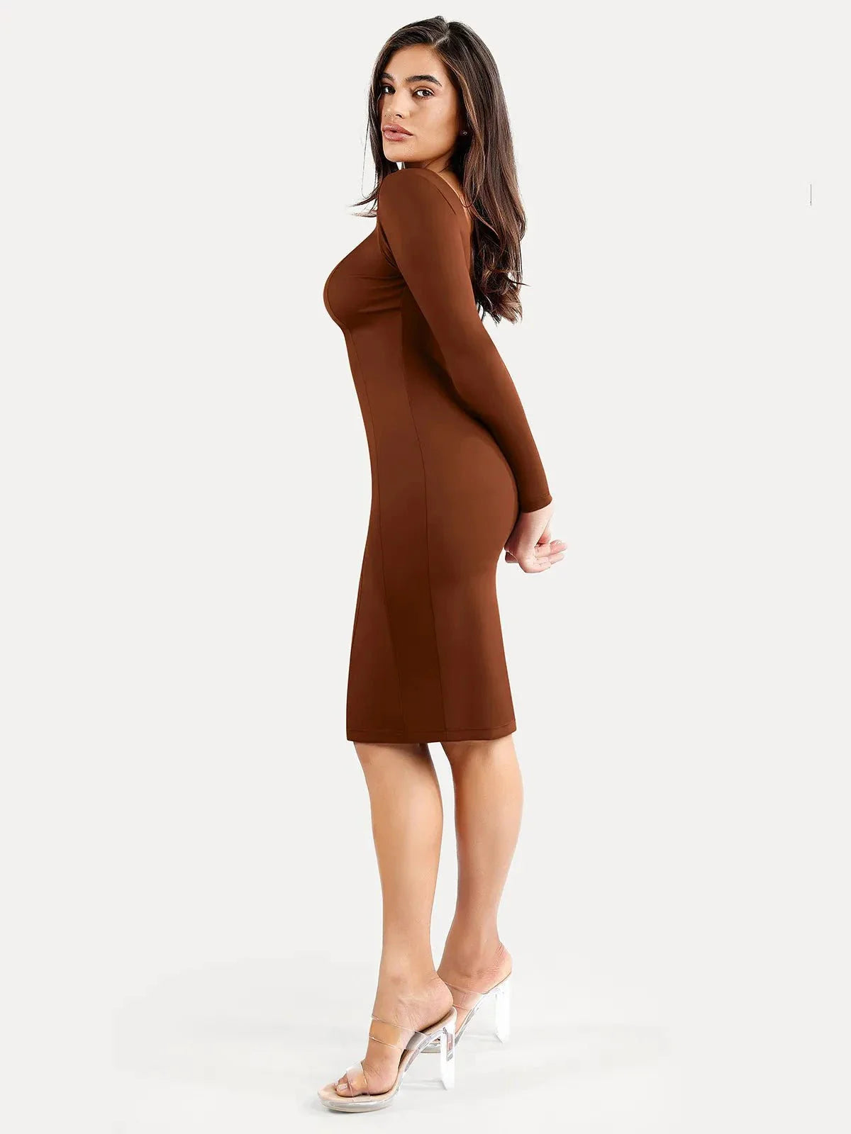 Shapewear Long Sleeve Boat Neck Sculpting Midi Dress