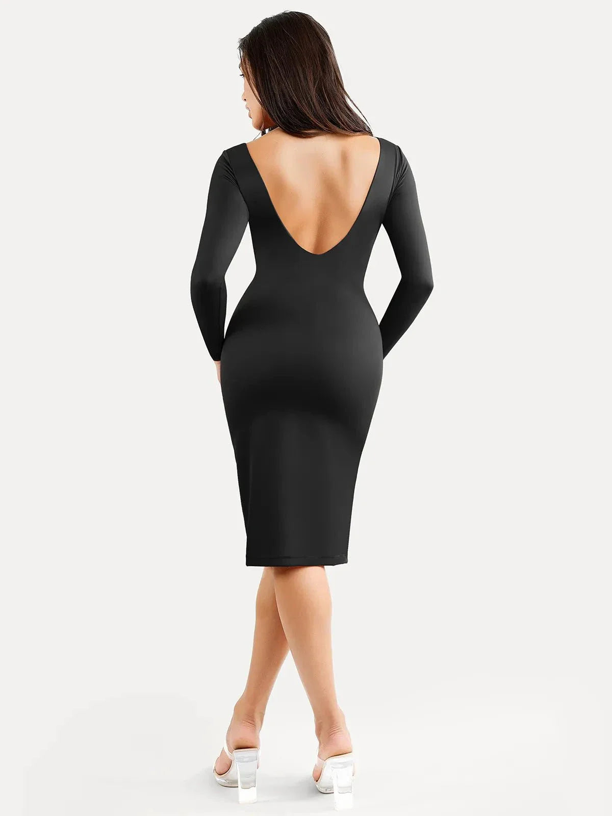 Shapewear Long Sleeve Boat Neck Sculpting Midi Dress