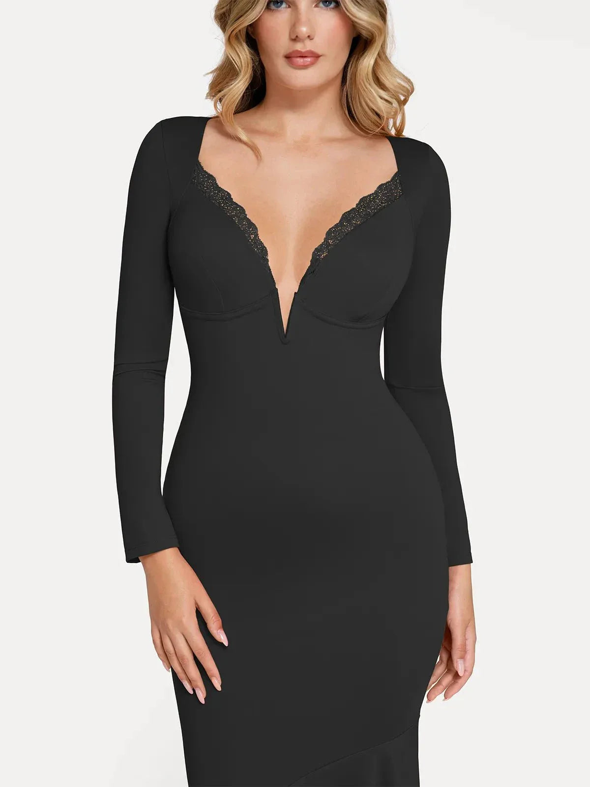 Shapewear Long Sleeve Lace Trim Sculpting Mermaid Maxi Dress