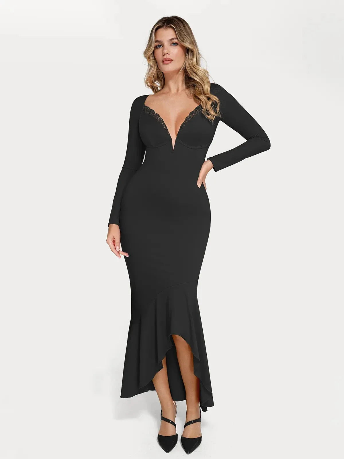 Shapewear Long Sleeve Lace Trim Sculpting Mermaid Maxi Dress