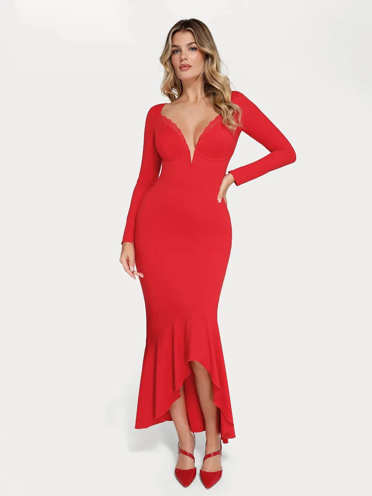 Shapewear Long Sleeve Lace Trim Sculpting Mermaid Maxi Dress