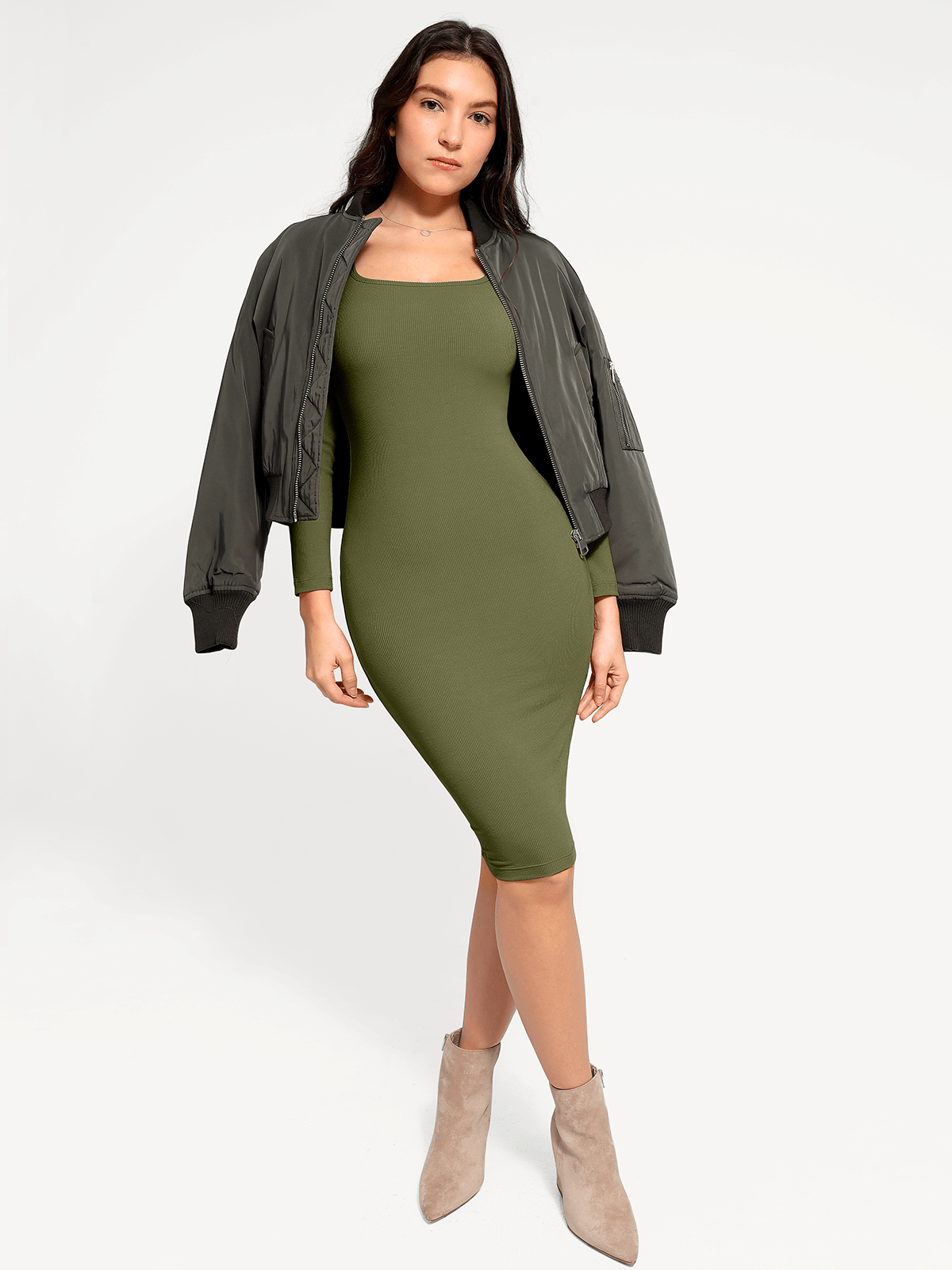Shapewear Long Sleeve Square Neck Modal Slimming Midi Dress