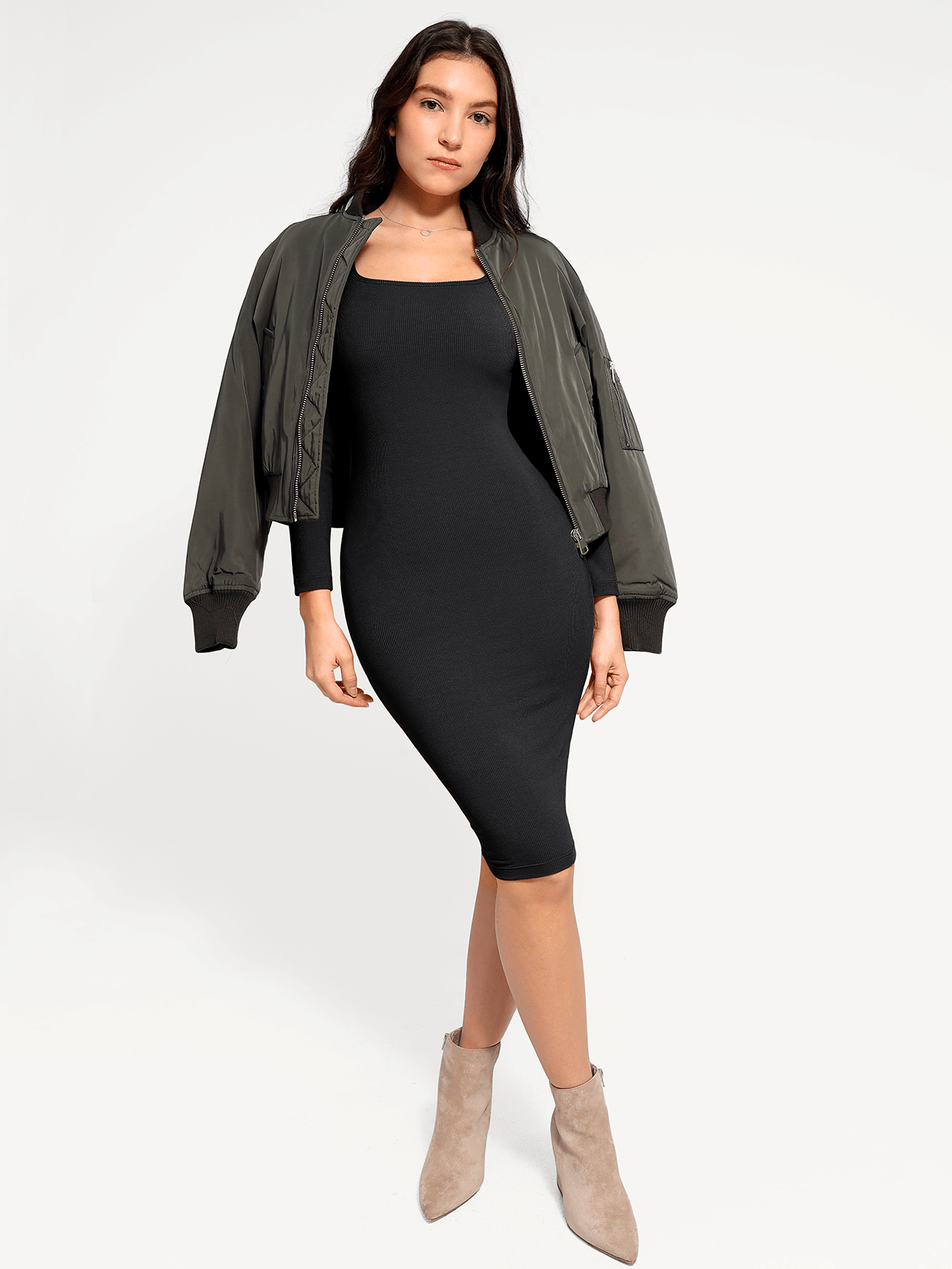 Shapewear Long Sleeve Square Neck Modal Slimming Midi Dress